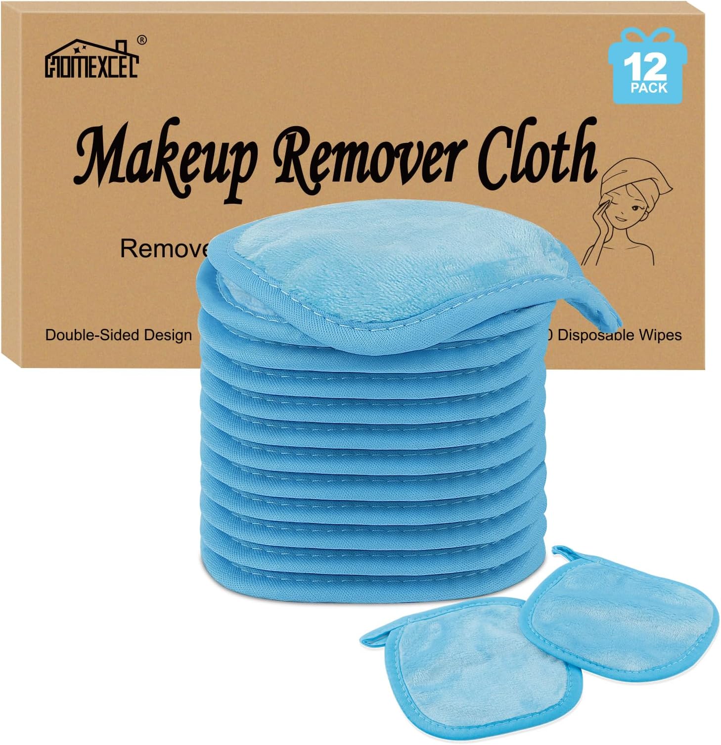 HOMEXCEL Makeup Remover Cloth 12 Count (Pack of 1), Reusable Makeup Remover Pads, Washable Ultra Soft Facial Cleansing Cloths For All Skin Types, 5 X 5 In, Blue