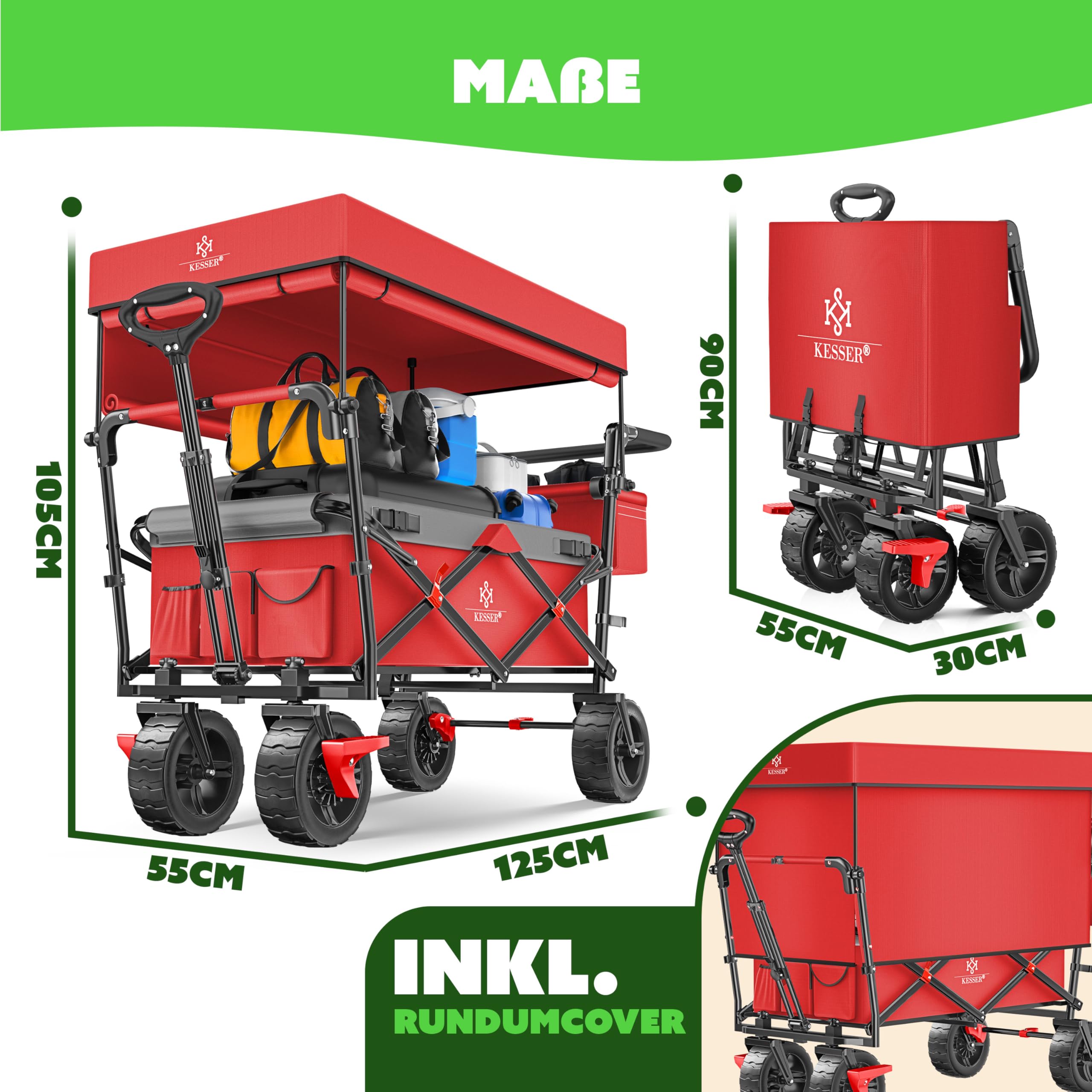 KESSER® Bollerwagen faltbar GT9000 Handwagen mit Dach | Transportwagen max. belastbar bis 150kg mit Hartgummi-Räder & Feststellbremsen (Vorne & Hinten) | Inkl. Schloss, Abdeckung, Wetter & Sichtschutz