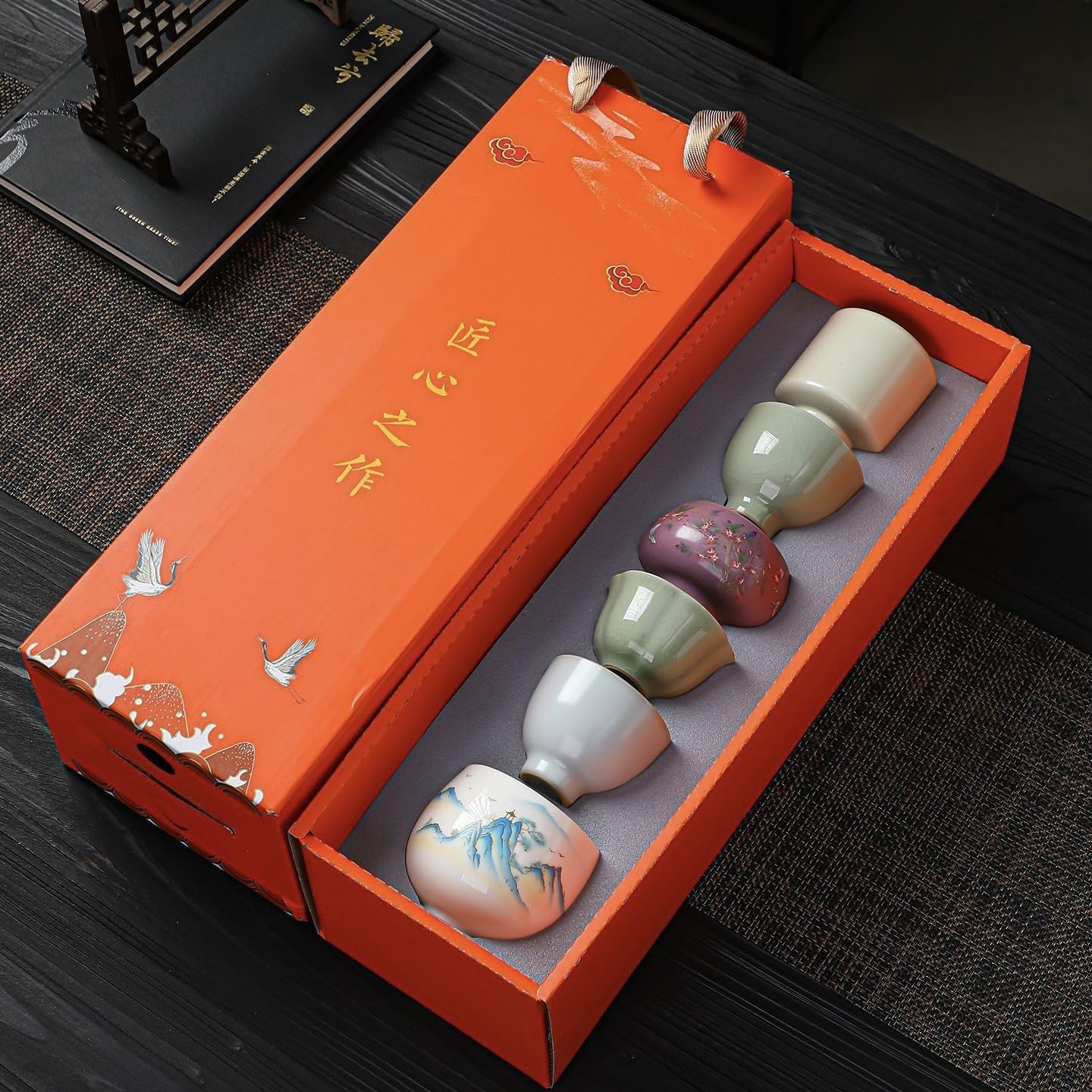 Keramik-Teetassen-Set, chinesische Teetassen, Porzellan-Tasse, Tee-Verkostung, Geschenkidee, für Zuhause und Büro (Rotes Set)