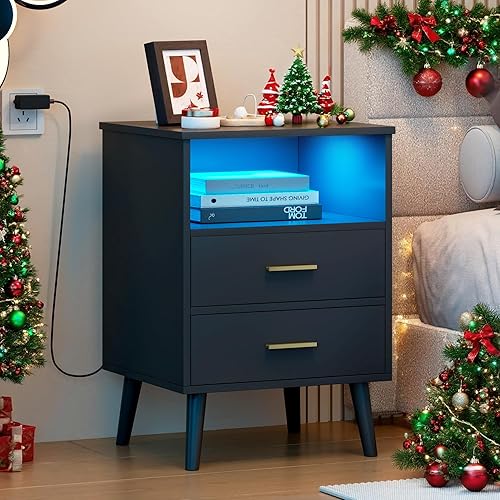 Miniatura 8 de LVSOMT Mesita de noche con cajón de compartimento, mesita de noche de carga con puerto USB y tipo C, mesita de noche LED con luces de sensor humano,