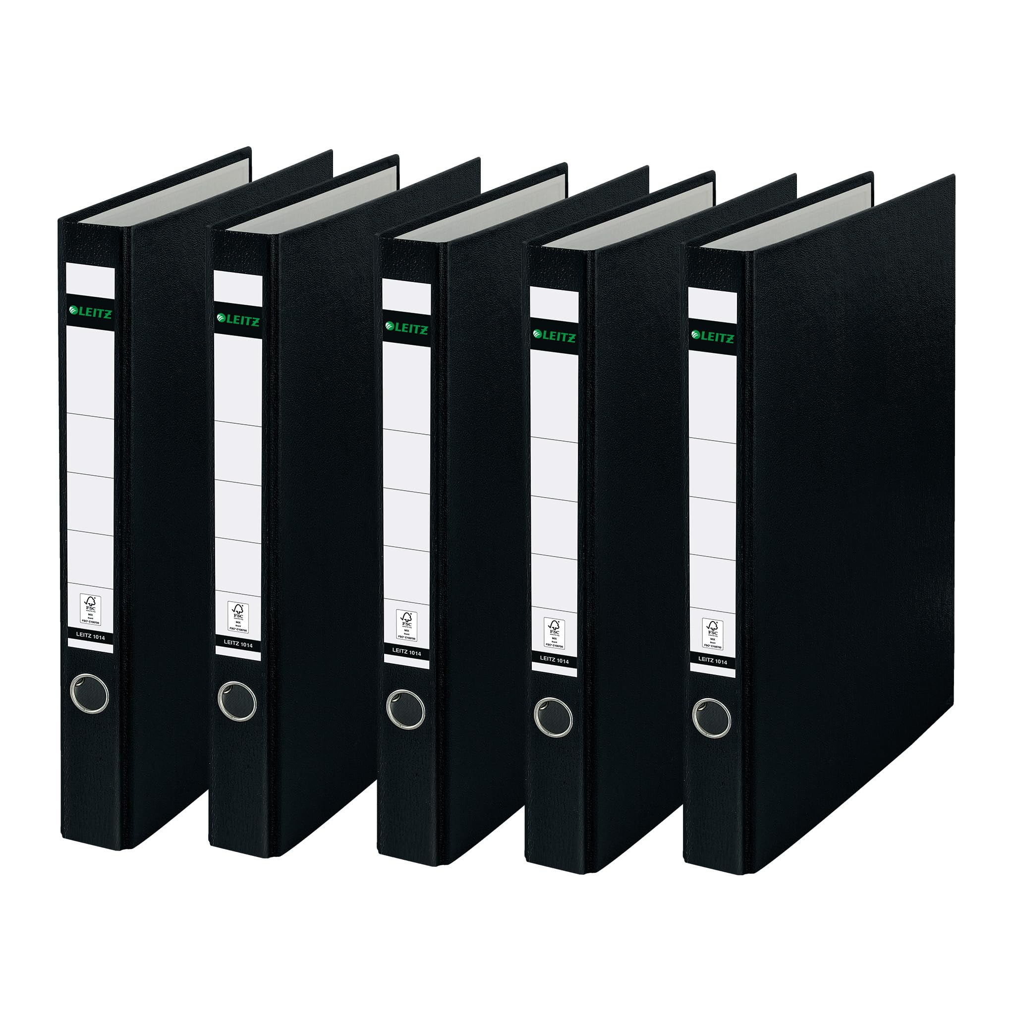 Leitz 10140095 Plastic Ring Binder Without Slots A4, Pack of 5, Black, 3.5 cm Spine Width, PP Laminated Cover
