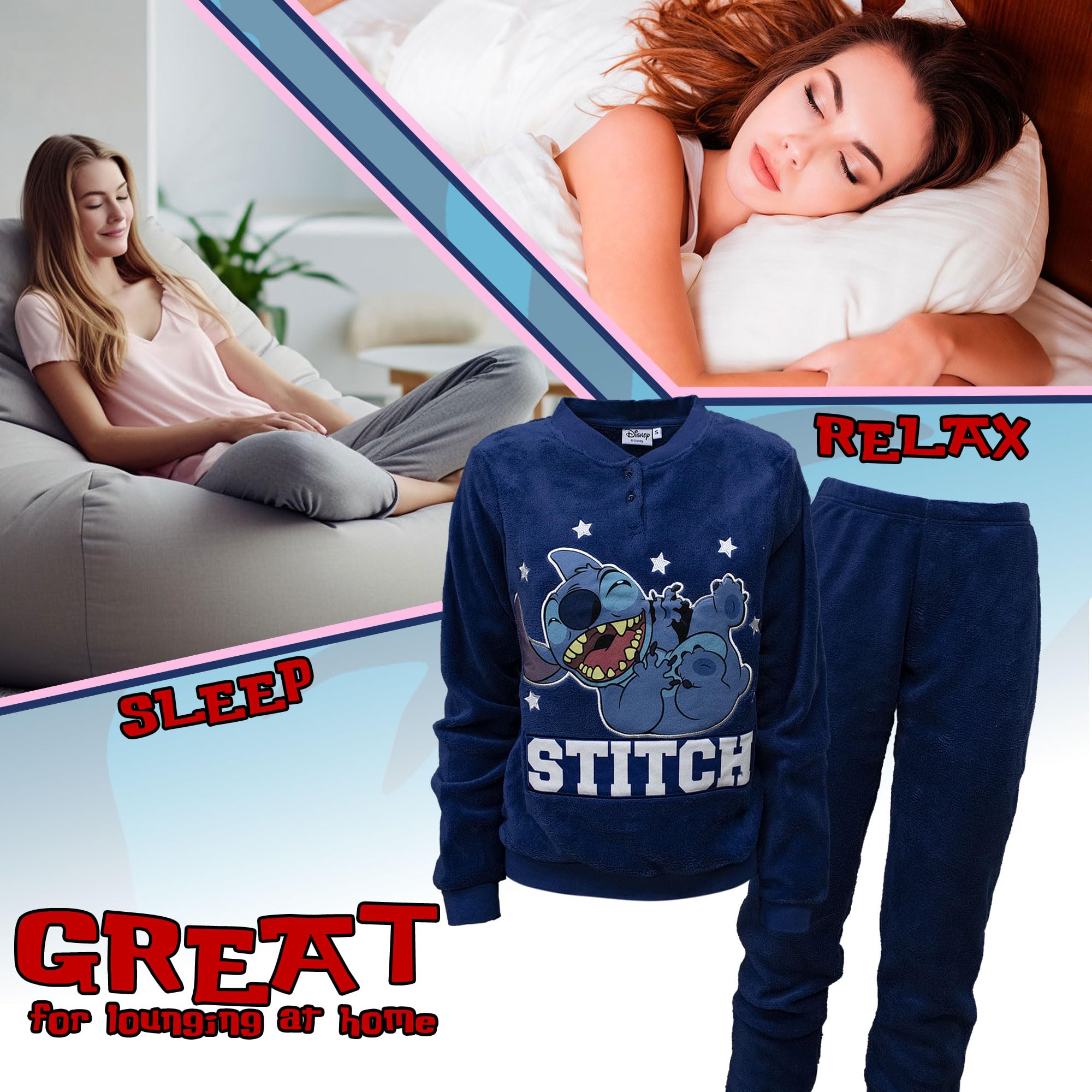 Disney Lilo und Stitch Schlafanzug für Damen, Mädchen, lang, Winter, aus Fleece, 7012
