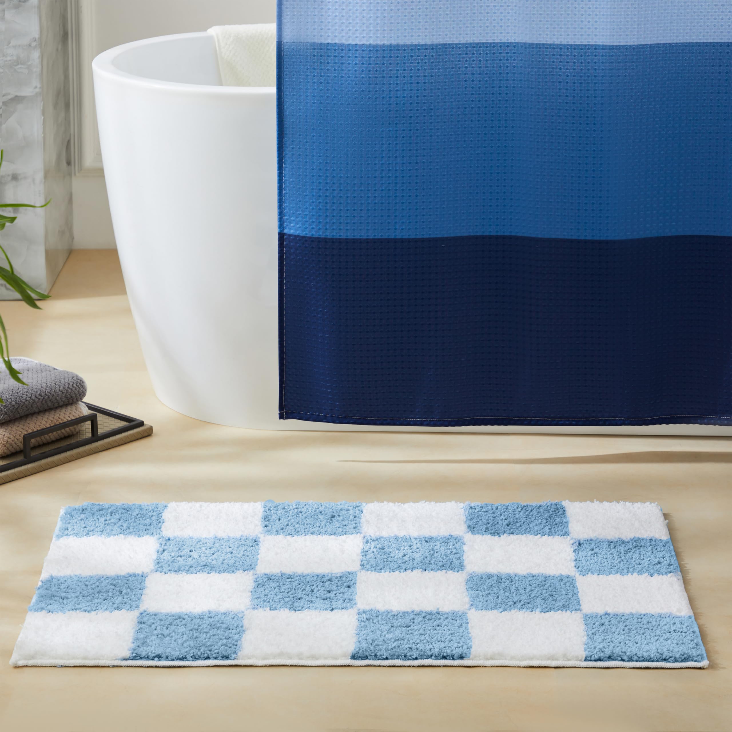 Blue & White Bathroom Rugs - 18x26" Non-Slip Bath Mat, Soft Geometric Design, Machine Washable