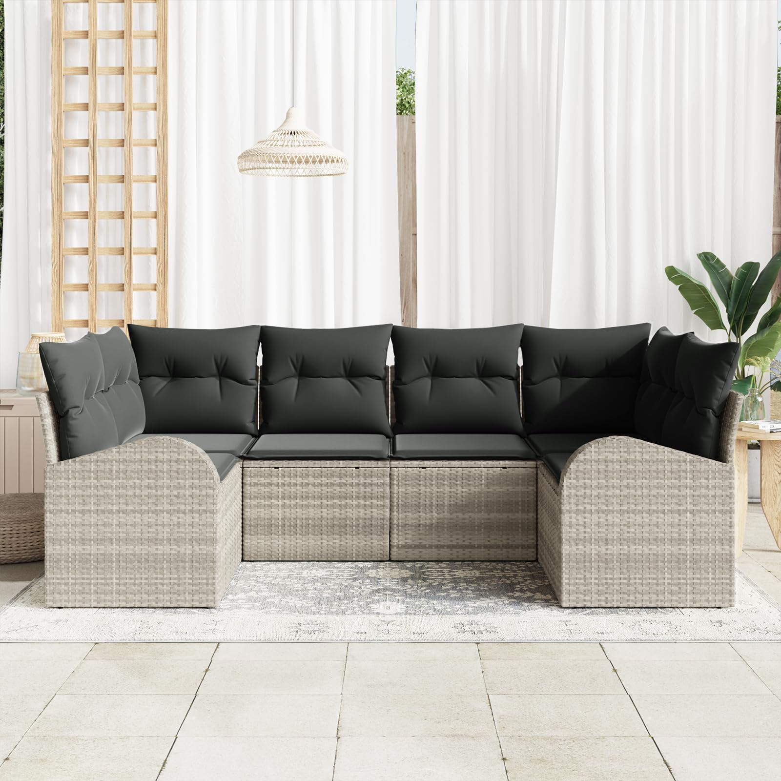 Juego de 6 sofás de jardín con cojines gris claro de poliratán, juego de muebles de jardín, cómodo juego de asientos tejidos a mano