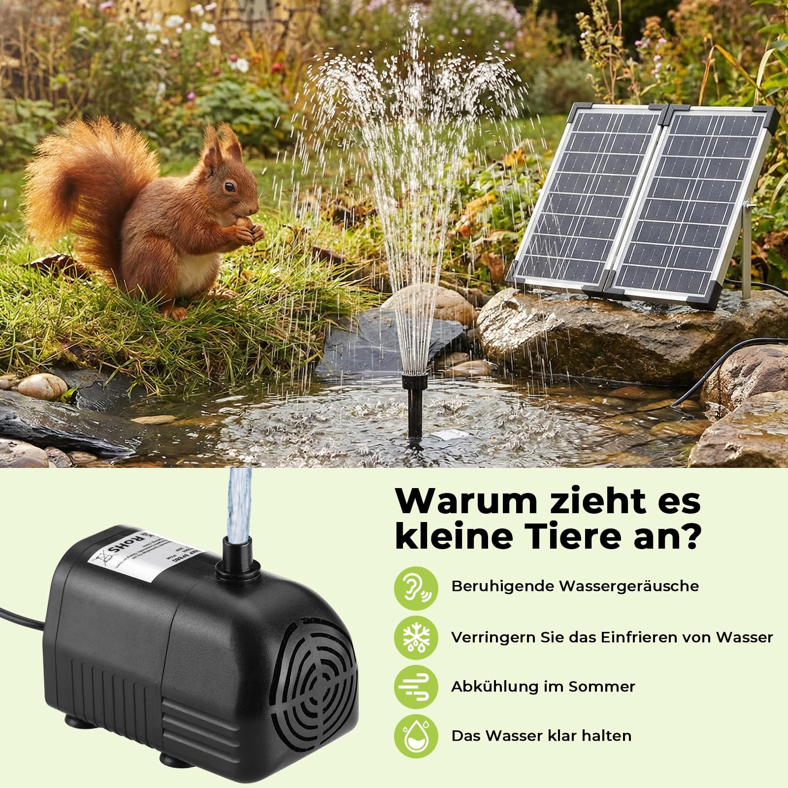 Clevich 20W Solar Springbrunnen für Außen, 230L/H Maximale180cm Höhe Teichpumpe Solar mit 4+4 Düsen & 2 Ersatzfilter, 1.5M Wasserleitung 5M Kabel DIY Mittelgroße Gartenteiche (5-10㎡),Vogelbad Brunnen