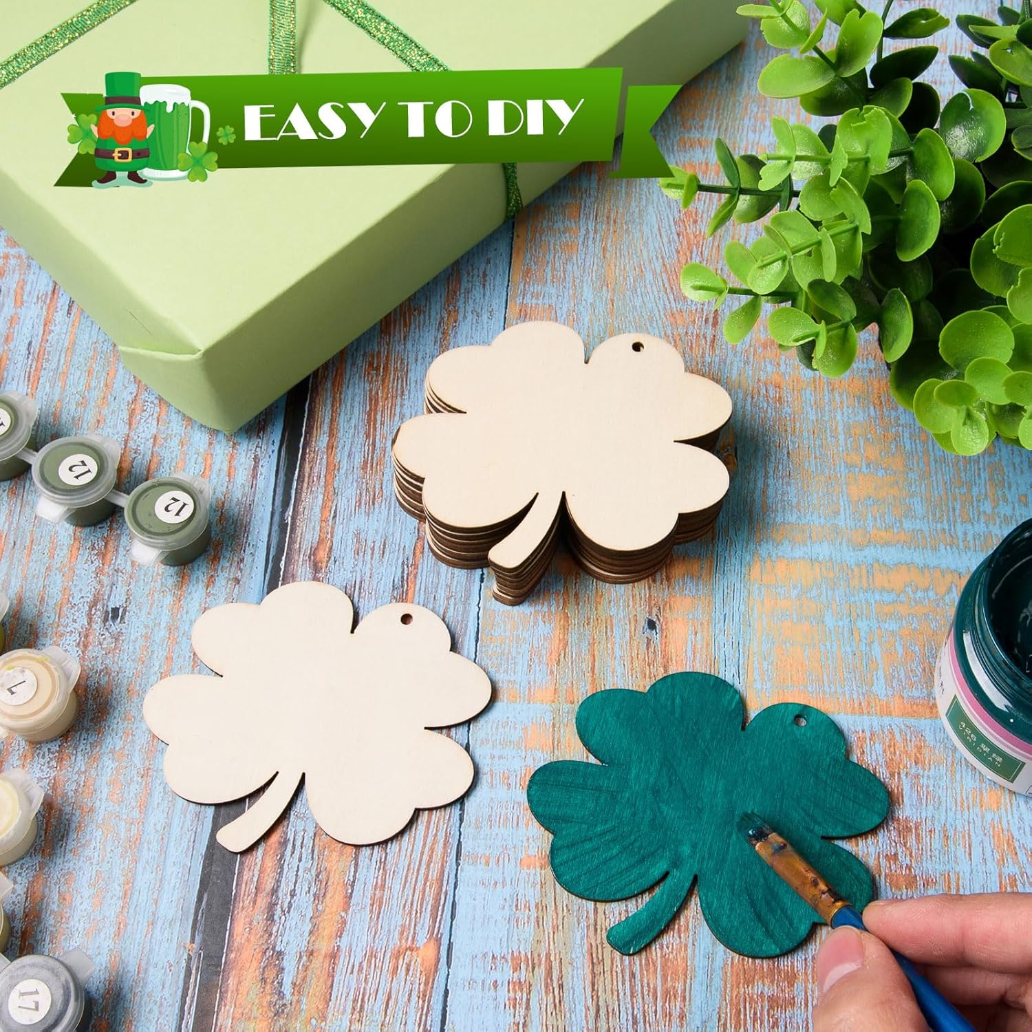AWIZOM 72 Pcs Wooden Four Leaf Clover Ornaments Unfinished St. Patrick's Day Wooden Shamrock Cutouts Blank Wood 4 Leaf Clover Slices with Twine for DIY Crafts Tags Irish Holiday Hanging Decor,3.5x3 - Image 3