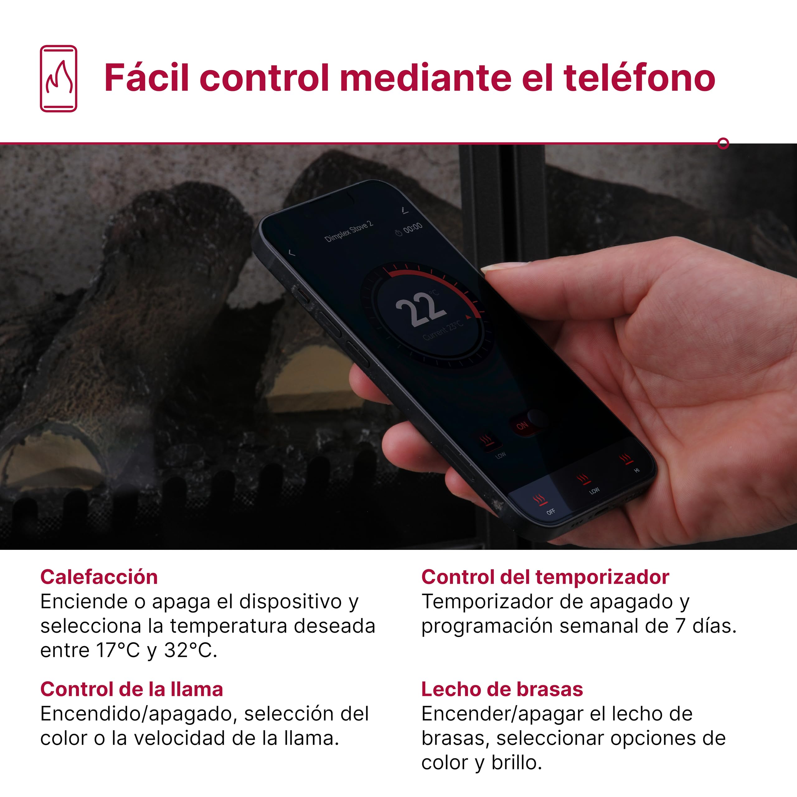 Dimplex Emberly Chimenea Electrica Â– Chimenea Electrica Decorativa de Tres Lados con Calefactor y Efecto de Llama Optiflame Â– Calefactor de 2 kW Activable Â– Inluye Mando a Distancia y App