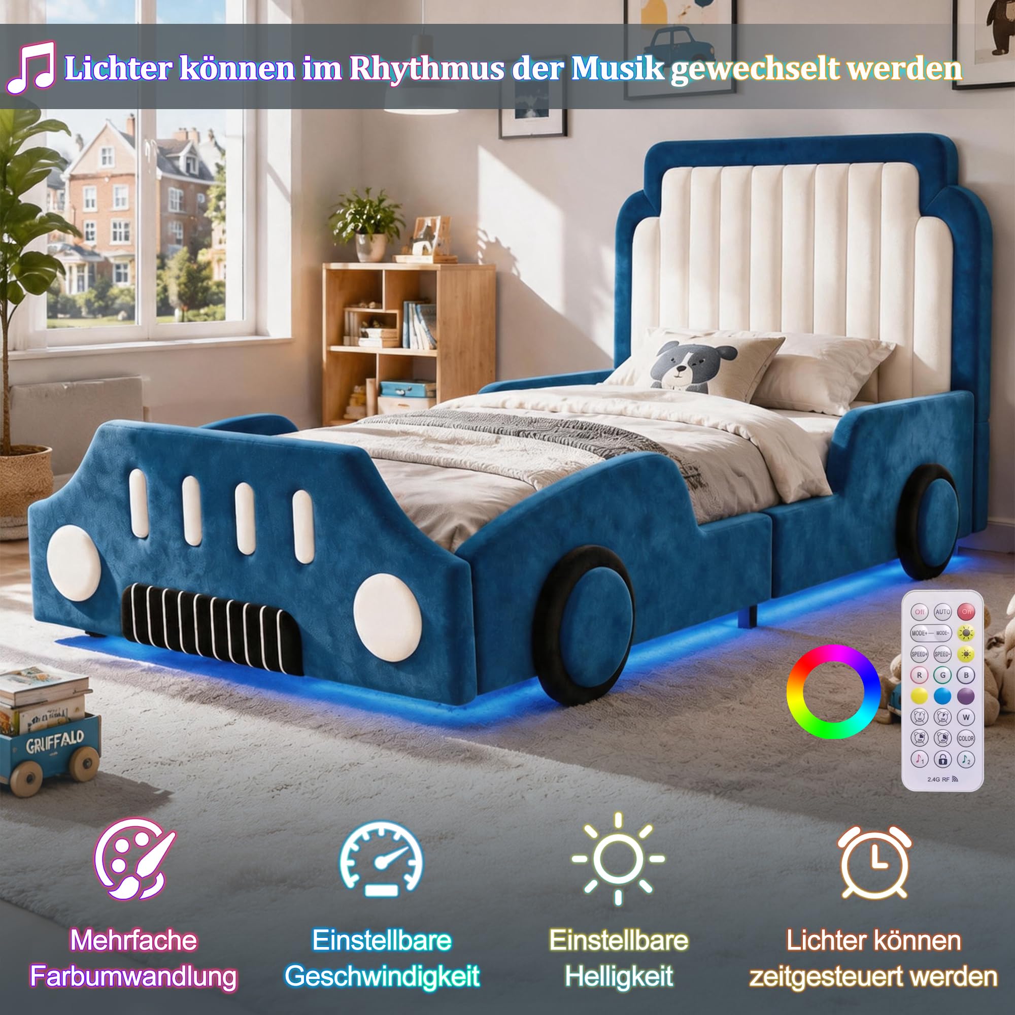 Polsterbett Einzelbett 90x200cm, Autoförmiges Design, Kinderbett mit LED und Schutzgeländer, Aufregendes Auto Kinderbett für kleine Rennfahrer, Kinder Spielbett mit Lattenrost, Samt (Blau-1, 90x200CM)
