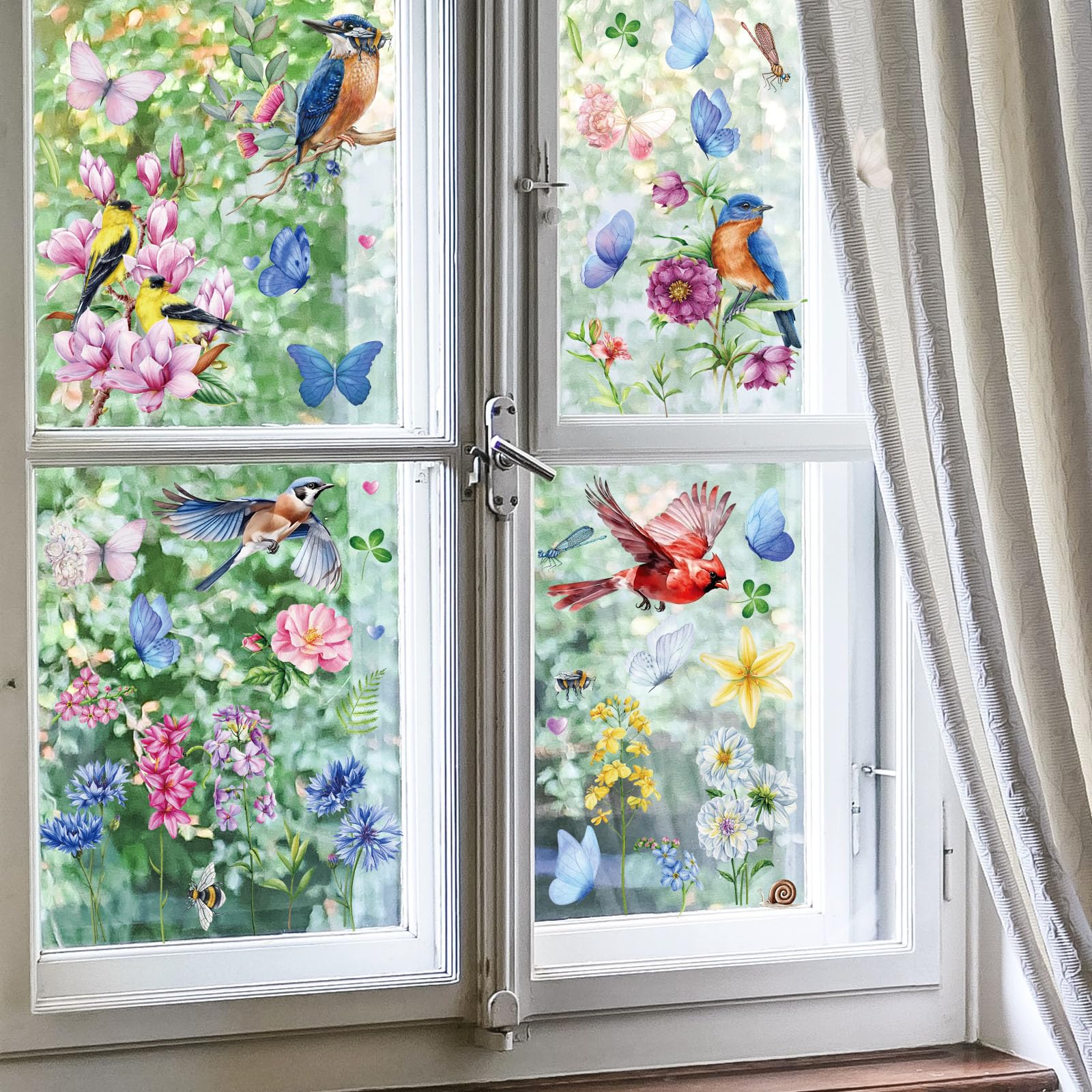 Hianjoo Fensterbilder Frühling - 9-teilige Vögel & Blumen Aufkleber Selbstklebend 30x20 Cm