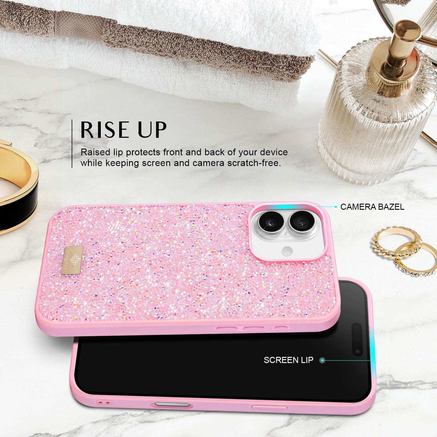 BEZ Case for iPhone 16 Case Glitter, with Bling & Co. Series, Sparkle Diamond Crystal Bling Cover for iPhone 16, Flamingo Pink - Image 4