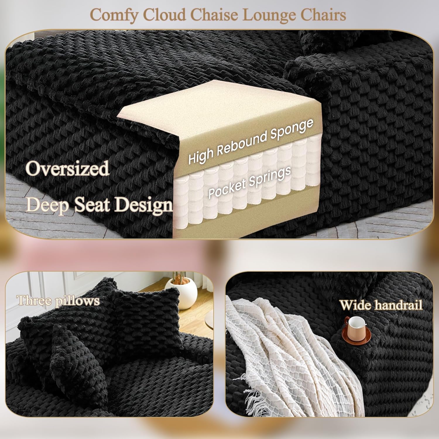 51" Chaise Lounge Chair Indoor,Modern Sofa Bed Cloud Couch with 3 Pillows & Oversized Wide Armrests,Comfy Fluffy Plush Sleeper Chair Bed for Living Room,No Assembly Required (Black)