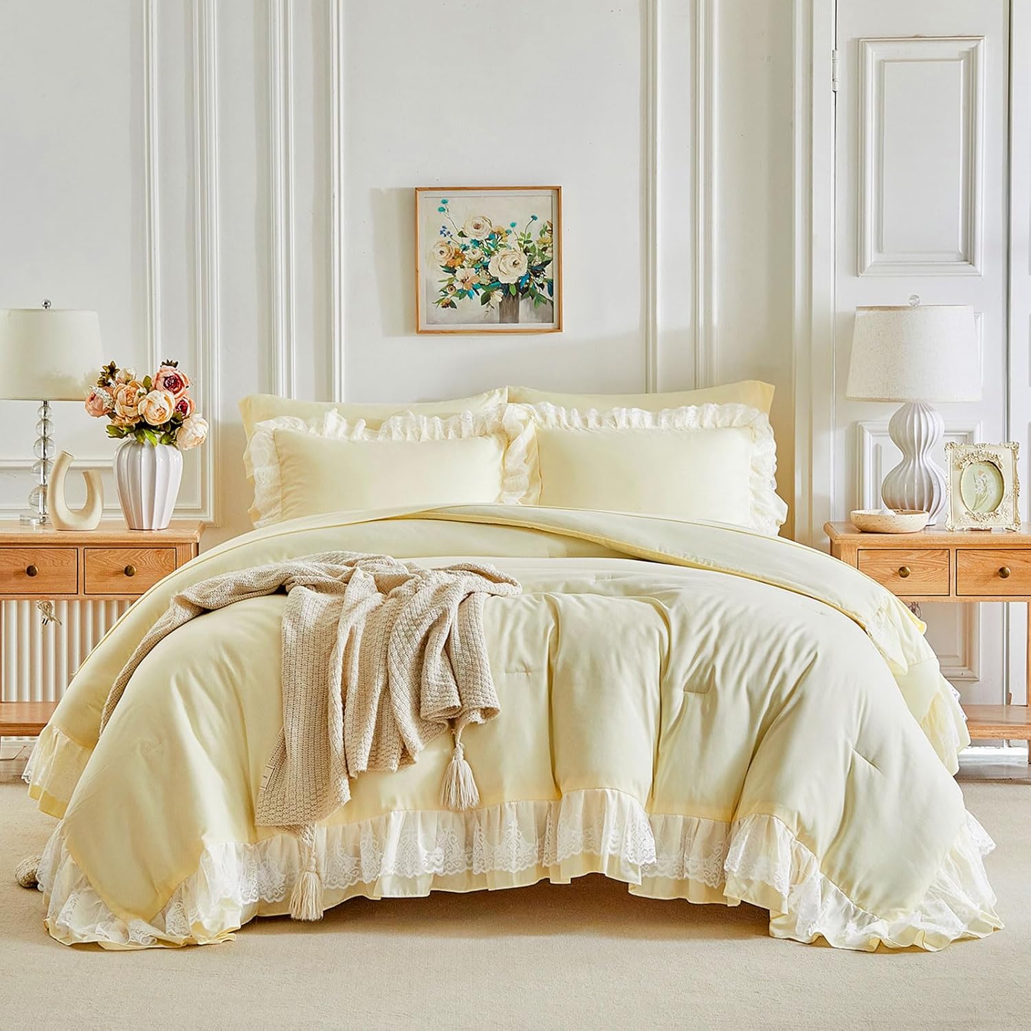 Joyreap Lace Ruffle Bed in a Bag Yellow, Queen Size Microfiber 7pcs Ruffled Comforter Sheet Set for Girls, Princess Style Vintage Boho Chic Bedding Comforter Set for All Season