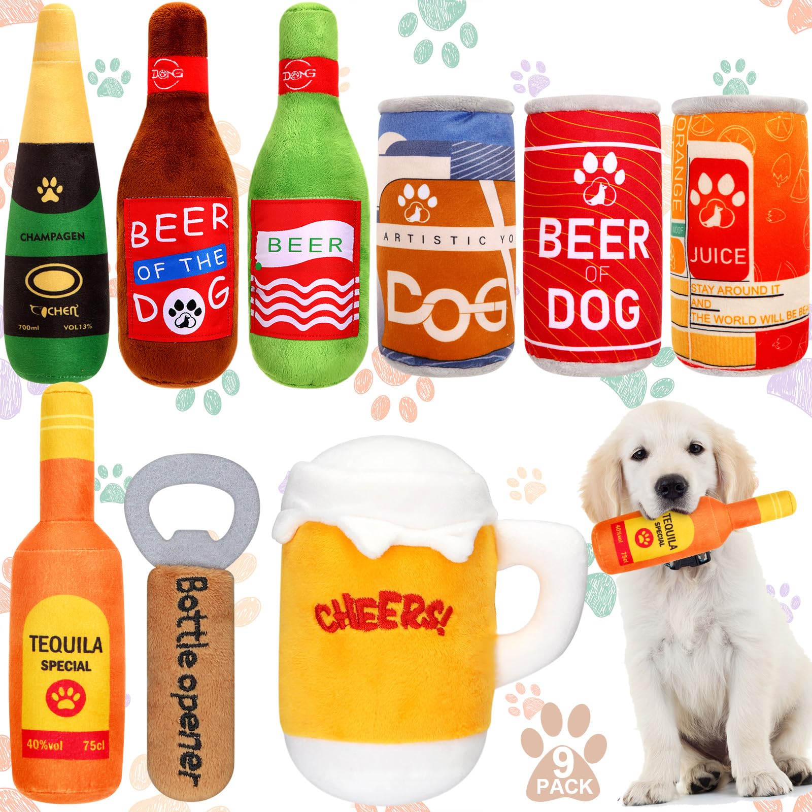 Quietschendes Hundespielzeug-Set, Wasserflasche, Quietschspielzeug, Bulk-Bier, Hundespielzeug, interaktiv, lustiges Hundespielzeug, Welpen, Zahnen, Kauen mit Quietscher für kleine und