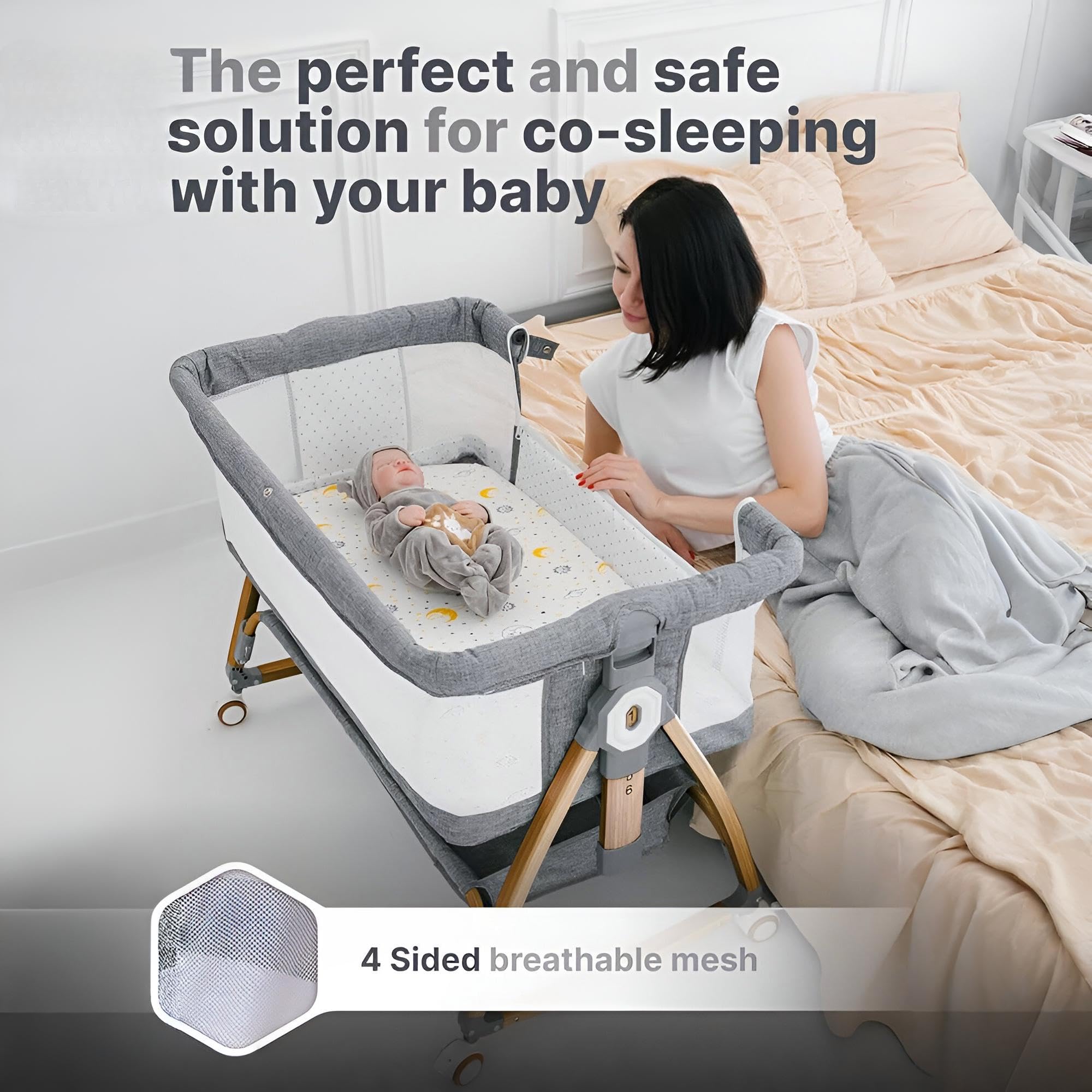 Cubbycoo Multifunctional Movable Baby Crib (Grey) – Portable Foldable Cradle & Splicing Bed for Newborns – Height Adjustable, Breathable Infant Bassinet, Safe & Durable - Image 4 thumbnail