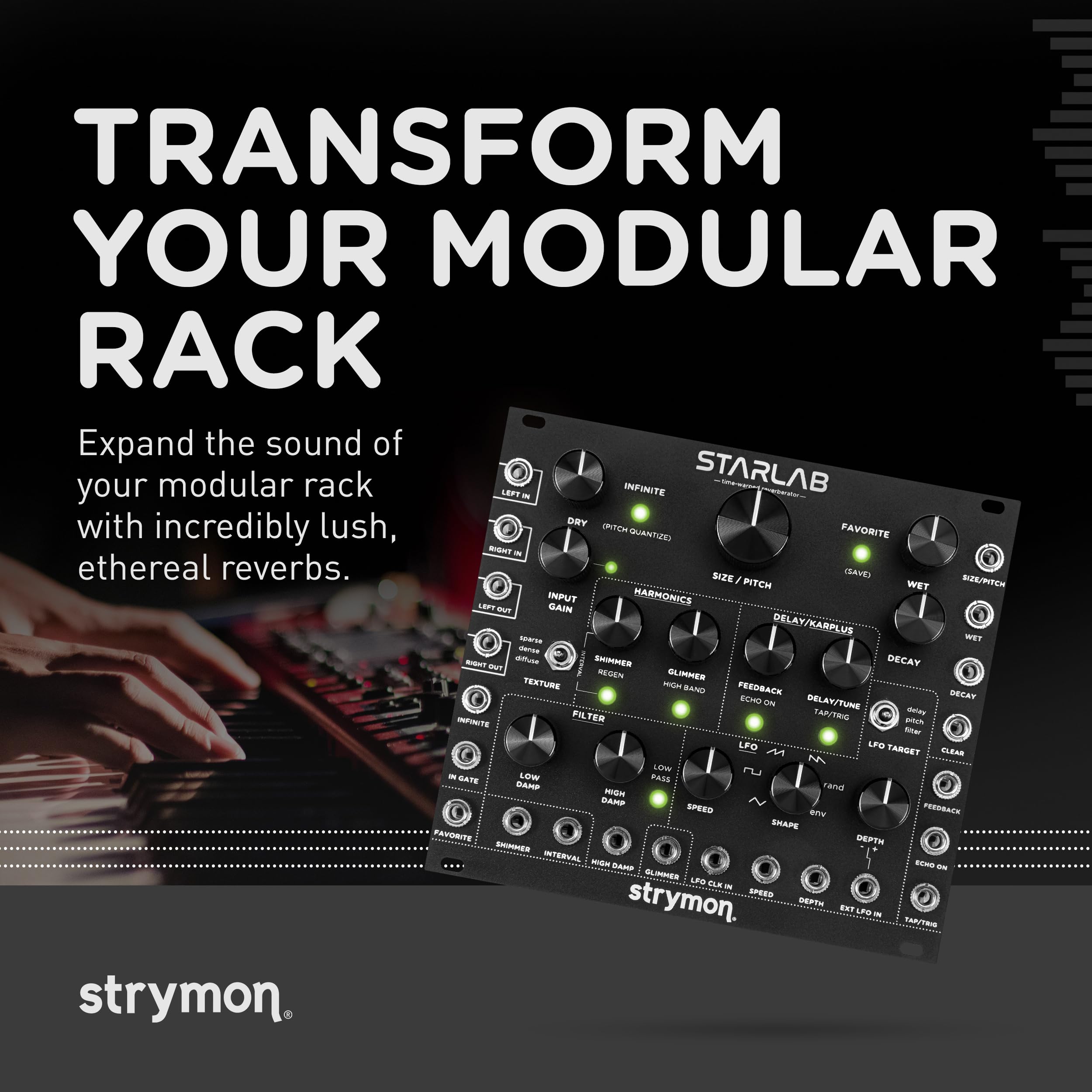 Strymon Starlab Time-Warped Reverberator Eurorack Reverb Module with Modulation and Karplus-Strong Synthesis, Black