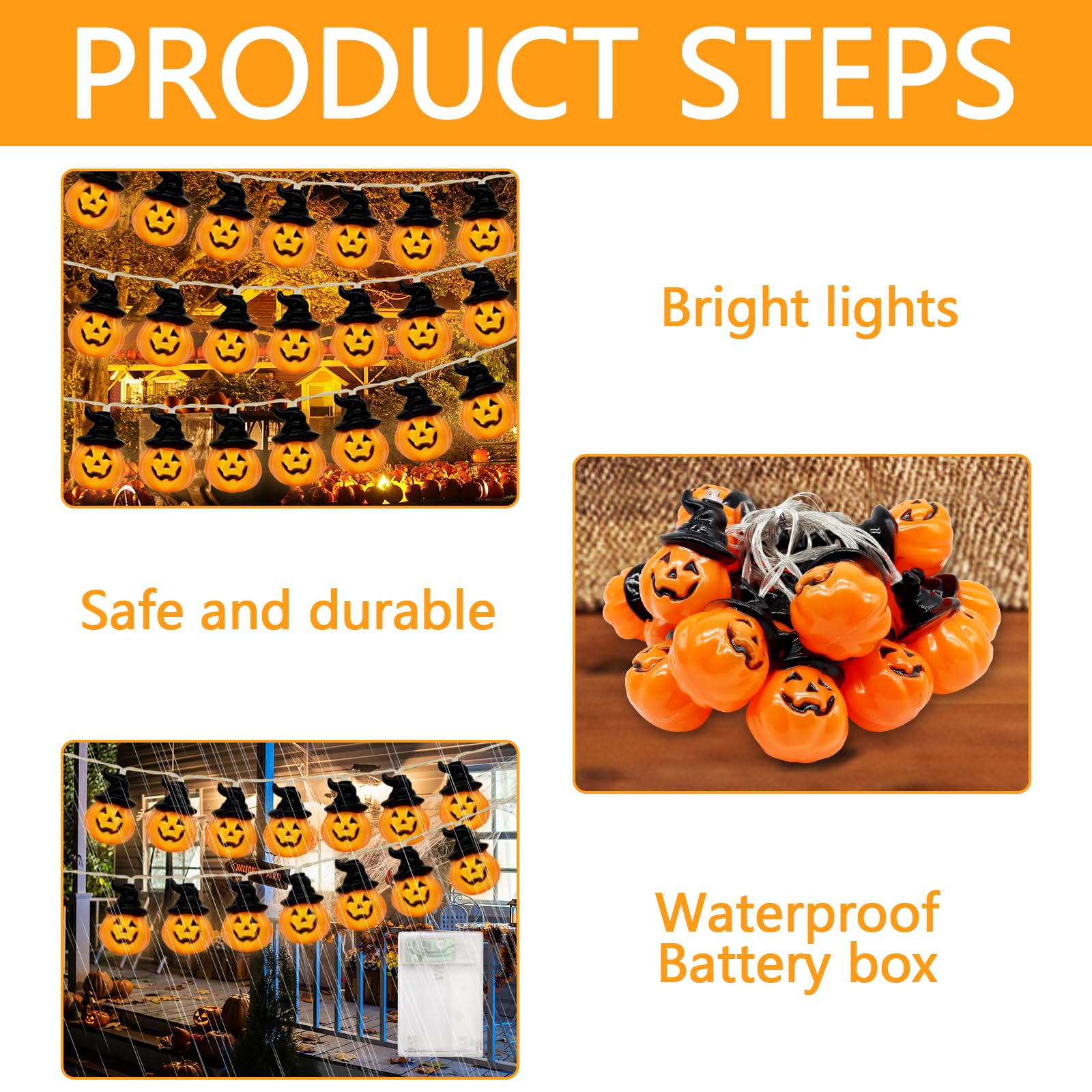 Catena Luminosa Halloween 3m 20 LED A Batteria - Decorazione Con Zucca Arancione, Pipistrello Viola E Fantasma Bianco - 2 Modalità
