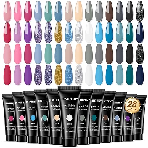 JEWHITENY Juego de 28 colores de gel de uñas de poli  0.5 fl oz (0.5 onzas líquidas), tonos nude rosa, marrón, negro, gris, azul, amarillo, para