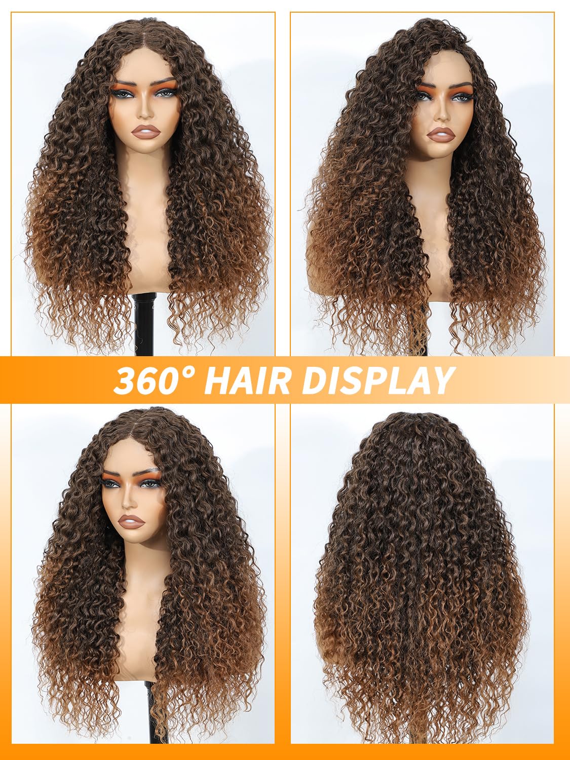 Ombre Brown Curly Synthetic Wig 24 Inch Glueless Lace Front Wig Upgraded with Human Hair Feeling Fiber Deep Wave Long Wigs for Women