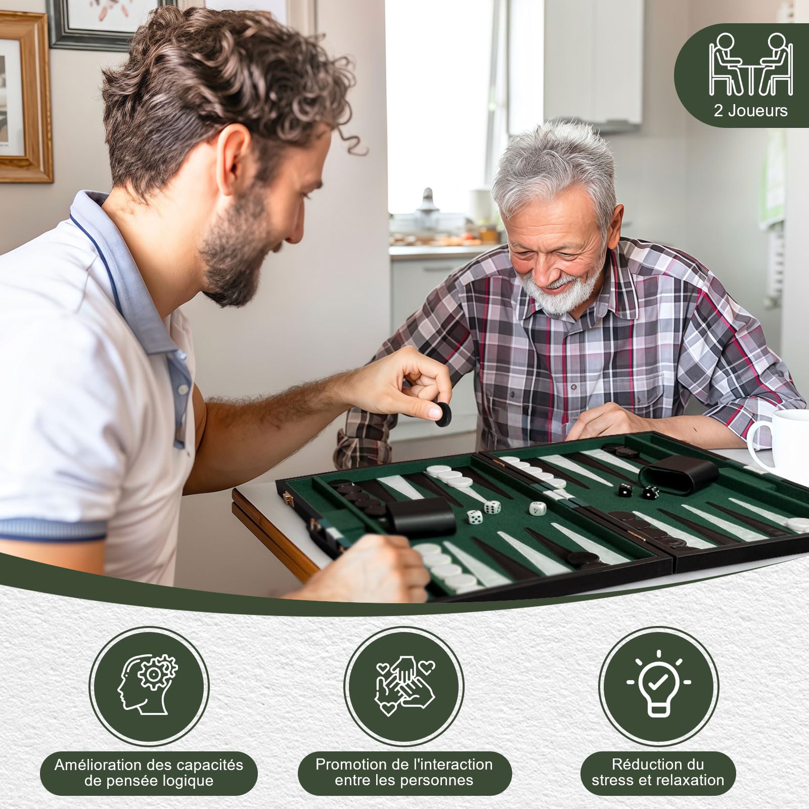 Backgammon Set, 15" Jeu de Backgammon Classique pour 2 Joueurs, Ensemble de Jeu de Stratégie Portable pour Adulte et Enfants (15 Pouces, Vert)