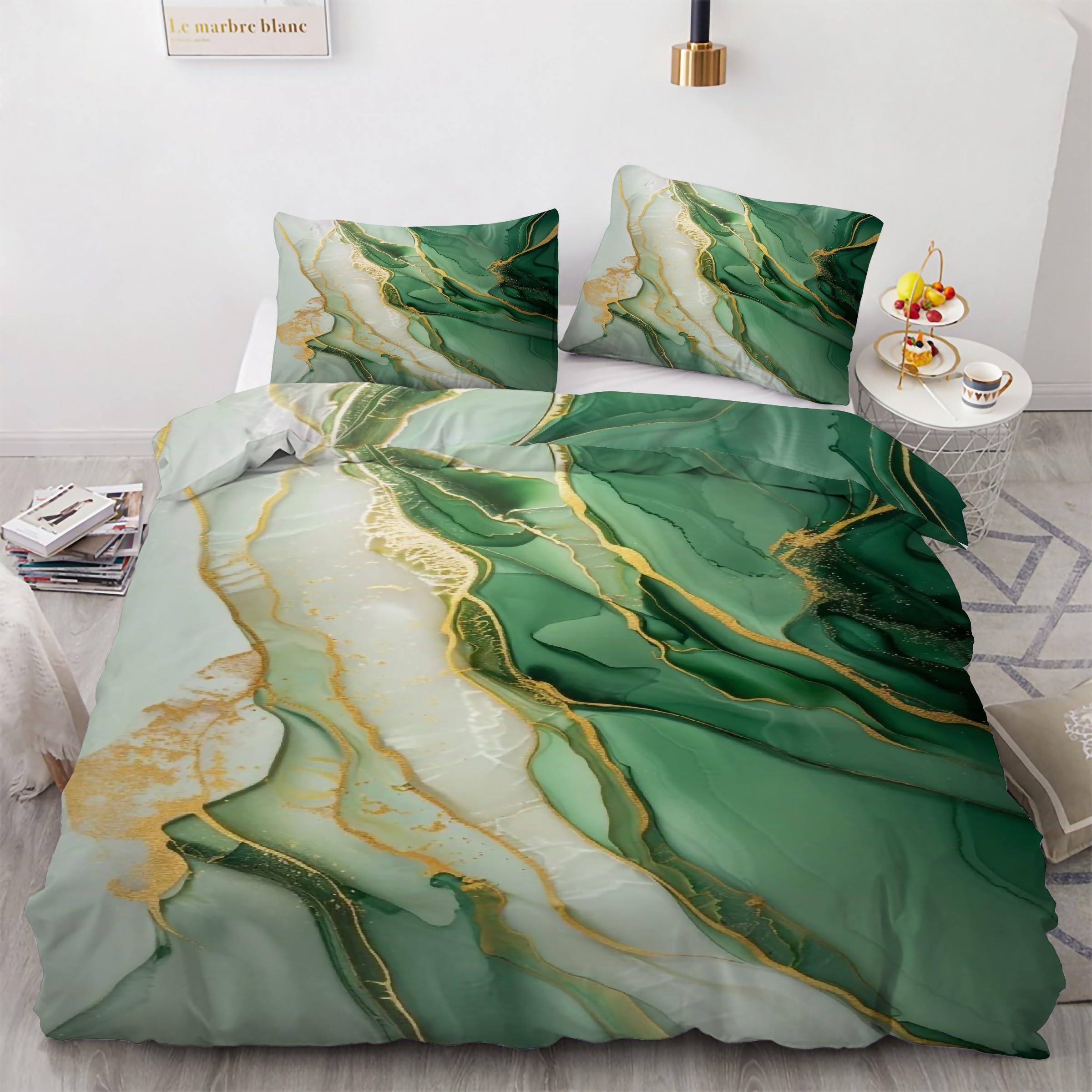 Housse de Couette 240 x 260 Marbre Vert pour Chambre Parentale