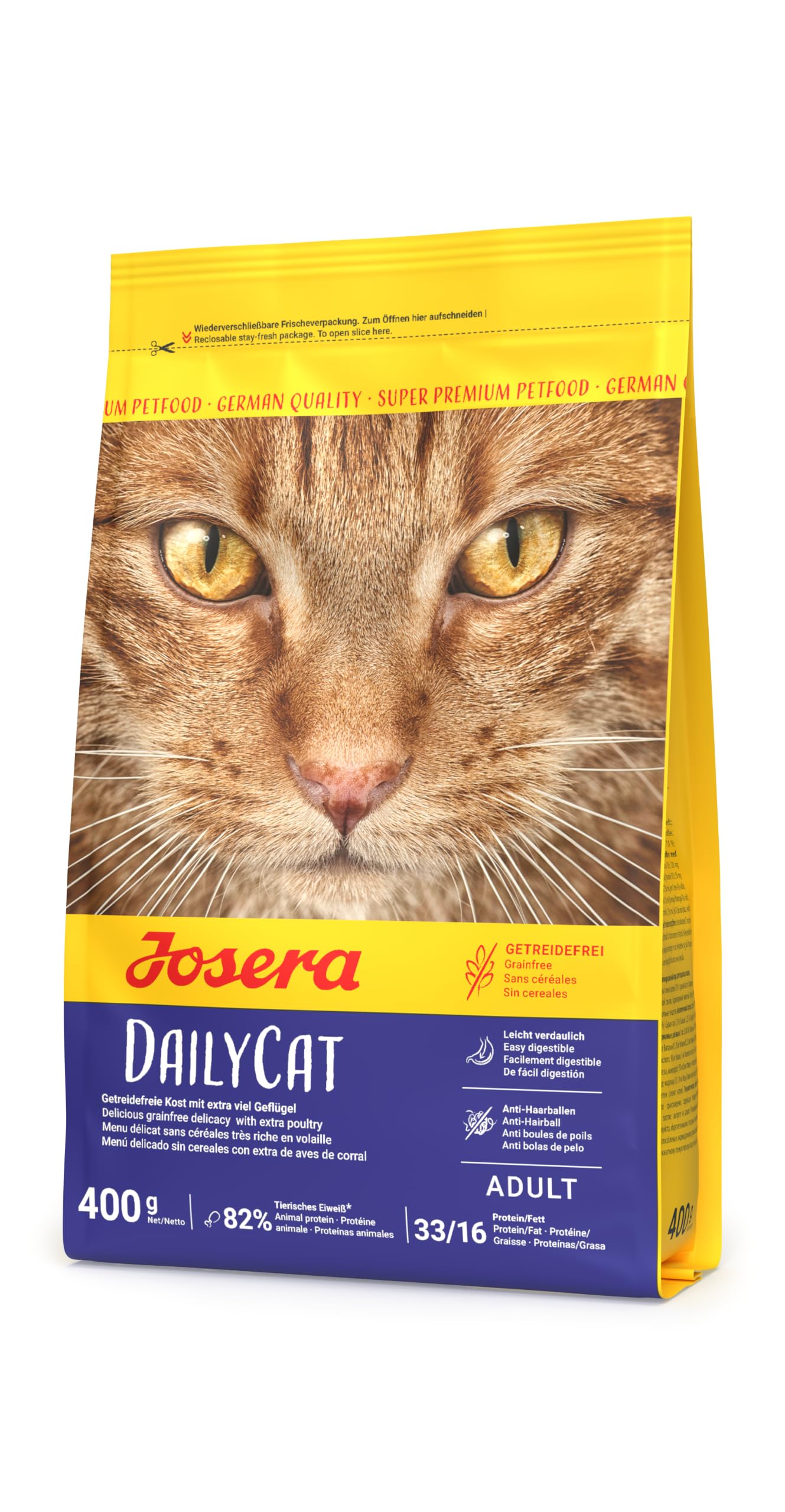 Josera DailyCat complete cat food | Grain-free | Ideal for brachycephalic breeds | Chicken & Liver | Anti-hairball | Skin & Coat | Herbs & Fruit | 0.4kg