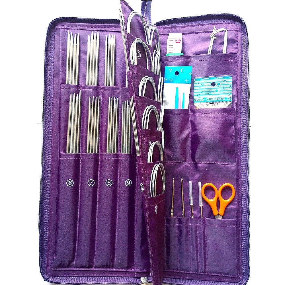 104-teiliges Strickset, Edelstahl-Stricknadeln, gerade, Rundstricknadeln, Häkelnadel, Handwerkzeug mit PU-Beutel