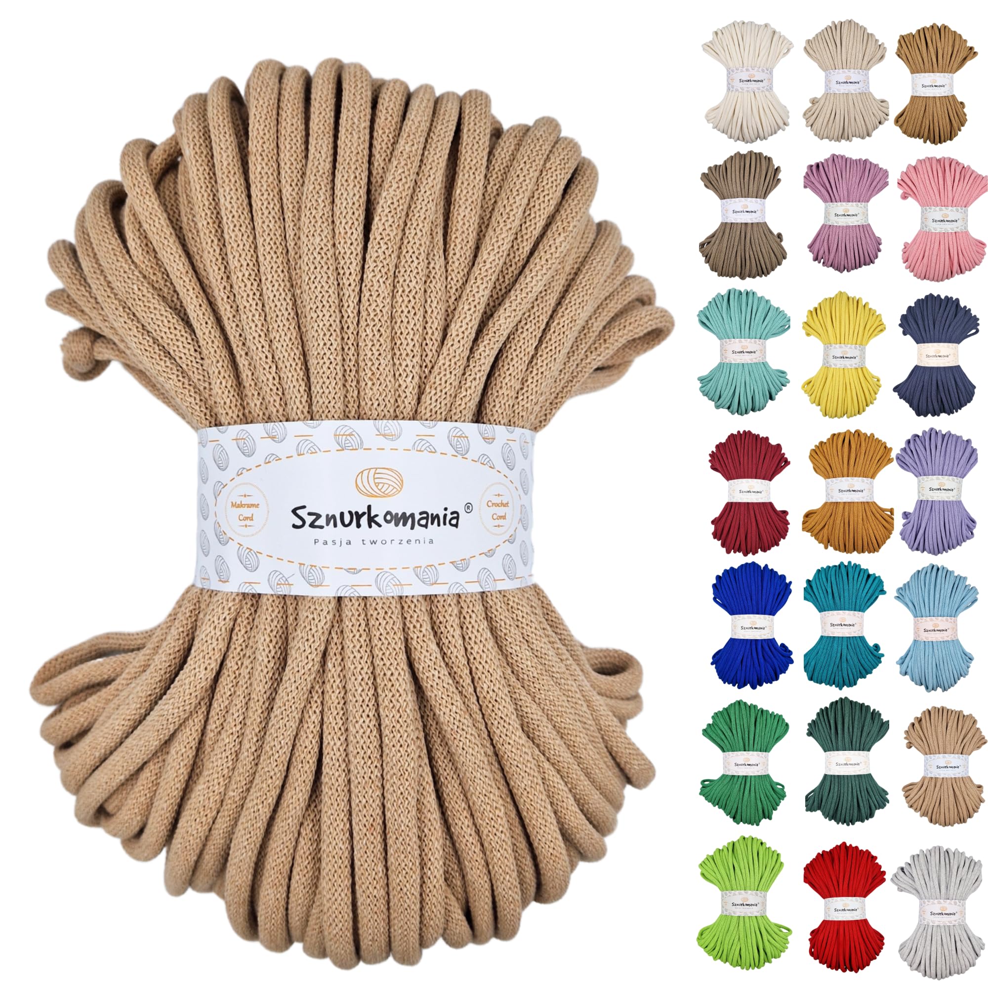 Sznurkomania, Cotton Cord 9mm 50m, Many Colors, Macrame Yarn, Cotton Yarn, Braided Cotton Cord 9mm with Core, Crochet Cord, Crocheted Bag (Caramel)