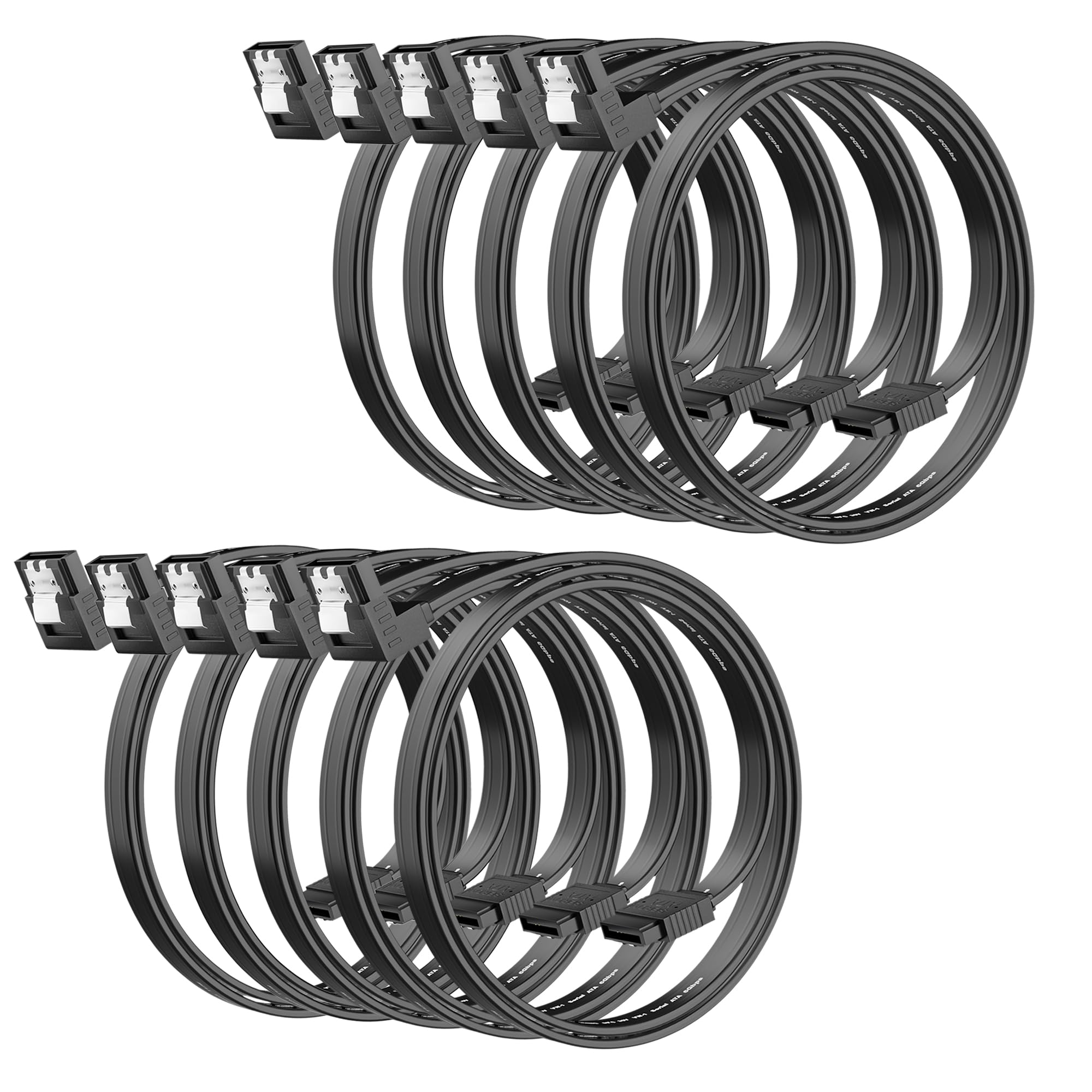 SATA Cable III 18 Inch (10-Pack), 7-Pin 90 Degree Right Angle Connector, 6Gbps SATA Data Cord with Locking Latch, Compatible with HDD, SDD, CD Driver, CD Writer, Black