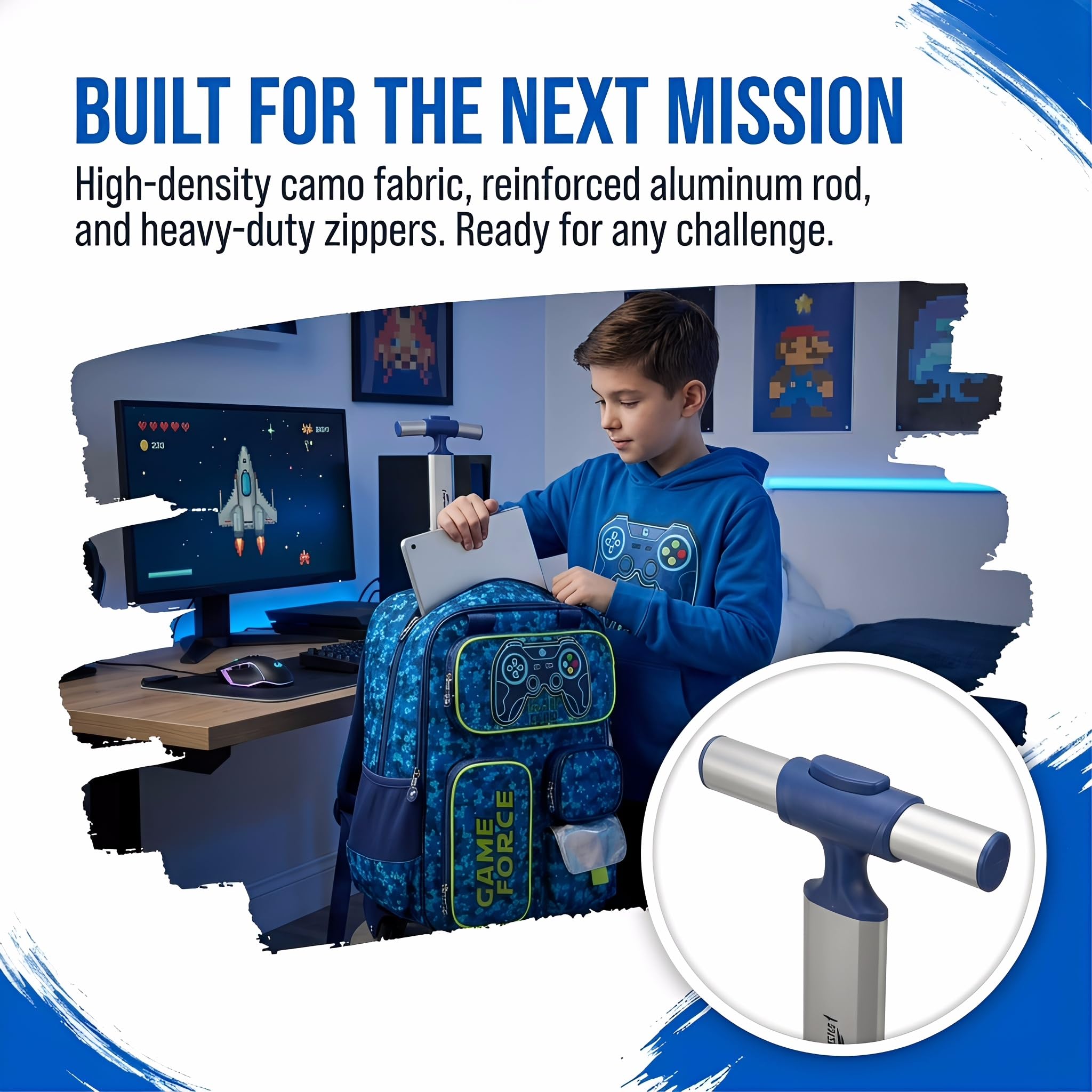Zaino con Rotelle Bambino Tasche Multifunzionali Joystick Trolley Zainetto Asilo Scuola Elementare Primaria Borsa Pranzo Portamatite Grande Carrello Valigia Ragazzo Viaggio Blu