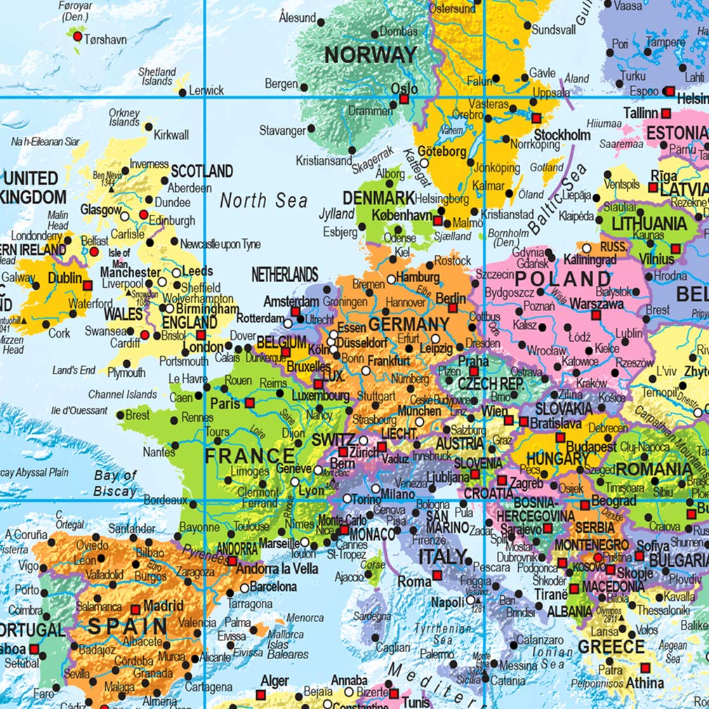 decomonkey Mapa mundi chinchetas político Planisferio inglés 120x80 cm | 50 chinchetas, tablero de lienzo, tablero de fibra, decoración de pared para salón y despacho, para marcar viajes, diseño 1