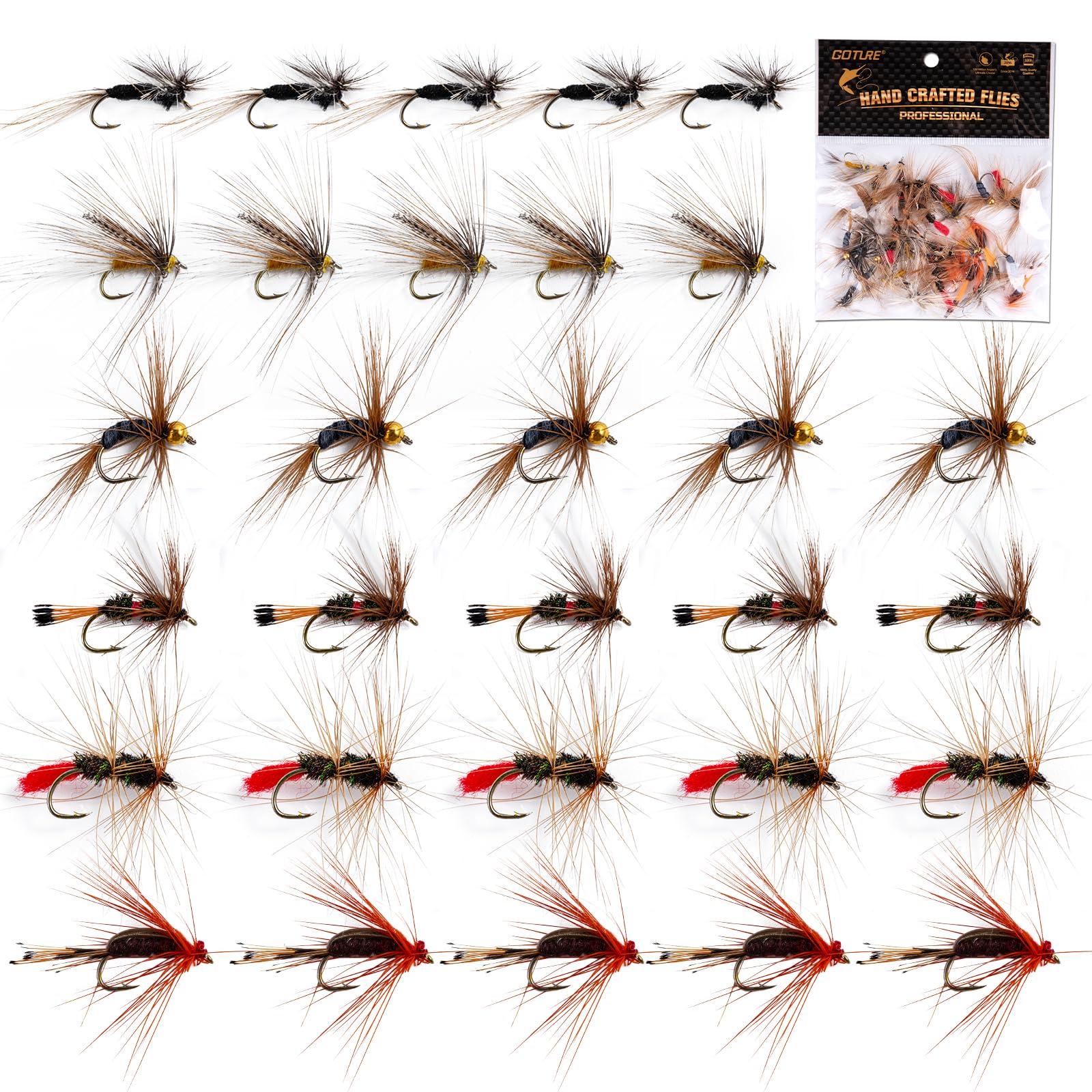 Goture Fly Fishing Flies Kit,25pcs/30pcs/100pcs Fly Fishing Lures,Dry Flies Wet Flies Streamers Nymphs Flies, Fly Fishing Assortment Kit for Bass Trout Salmon Fishing