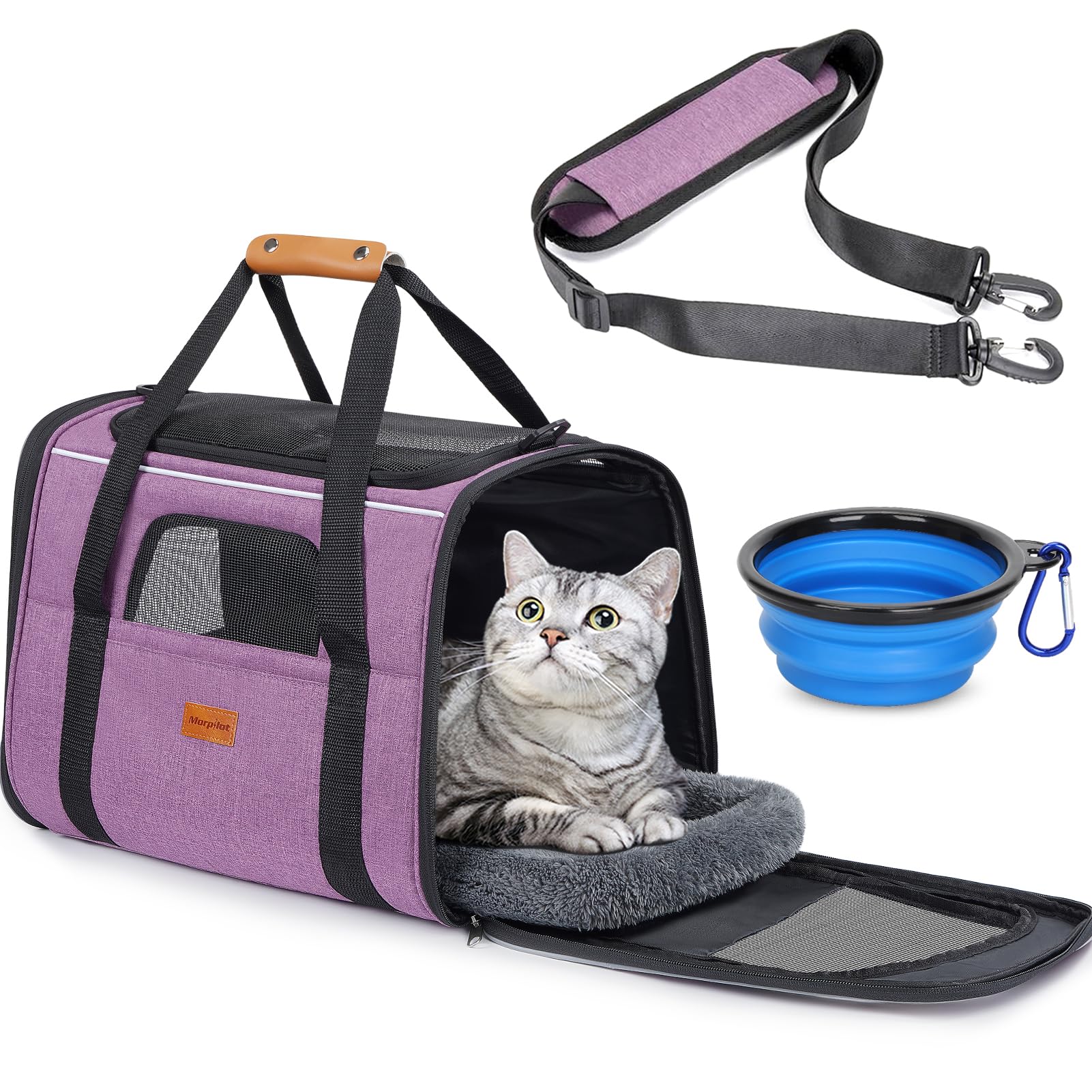 Morpilot Cat Carrier - Airline Approved, Top Opening Portable Dog Bag with Breathable Mesh/Removable Mat, Adjustable Shoulder Strap & Bowl, Foldable Travel Cage, L, Purple (Max 9kg)