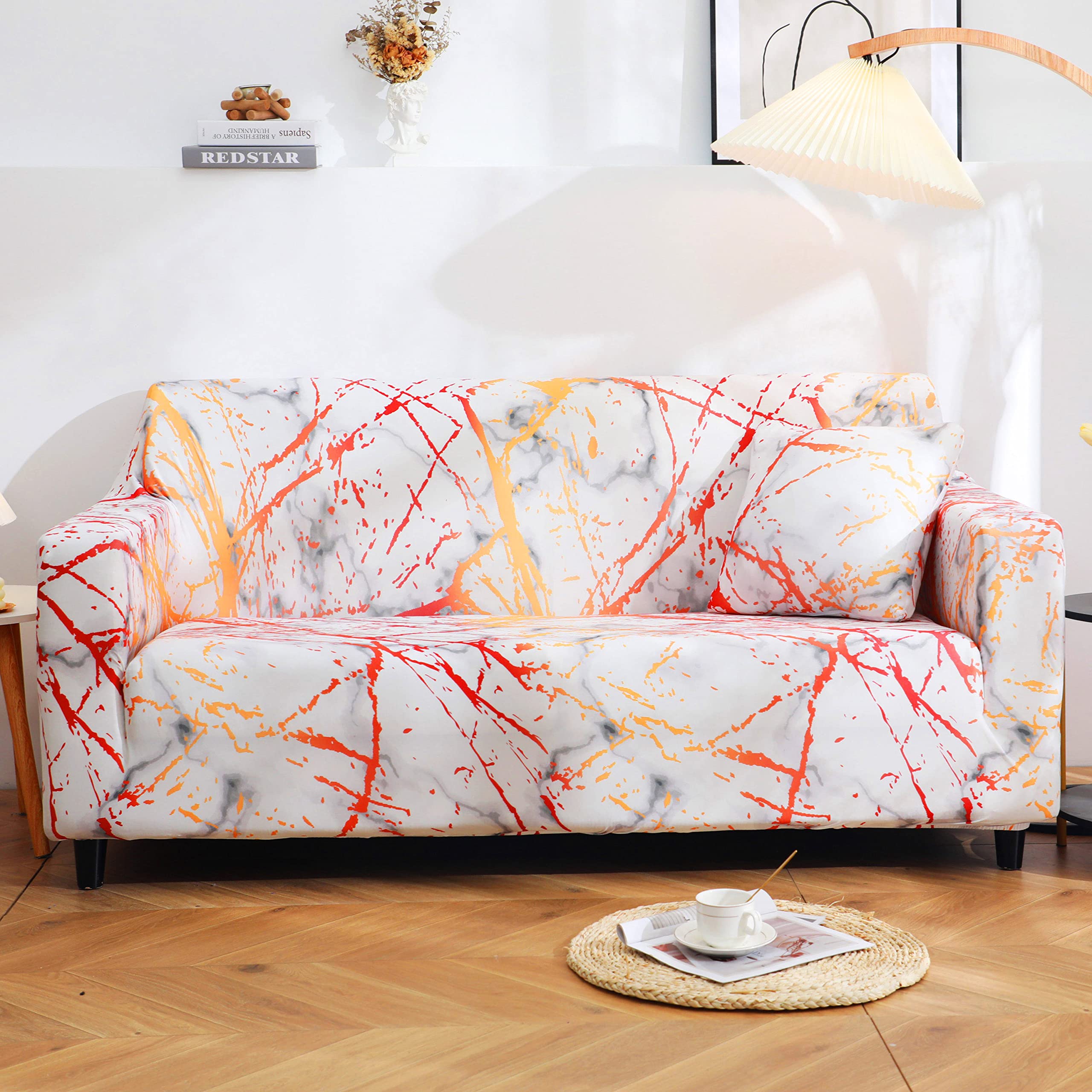 House of Quirk Polyester Spandex Printed Sofa Cover Big Elasticity Cover Stretch Universal Sofa Slipcovers (White Sunrise, Triple Seater)