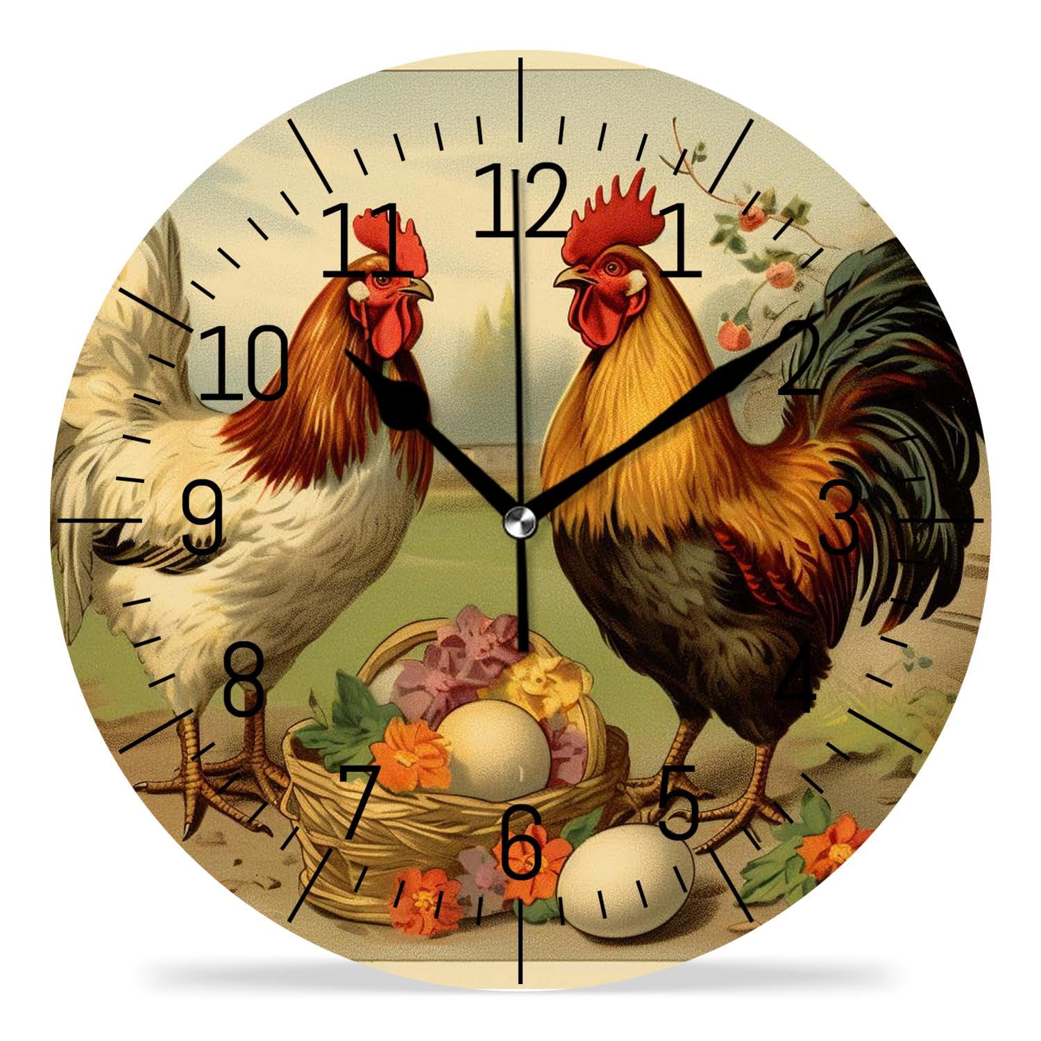 stalsme 12 Inch Wall Clock Battery Operated Silent Clock Decorative for Office, Kitchen, Outdoor, Living Room，Hen and Rooster with Colored Eggs