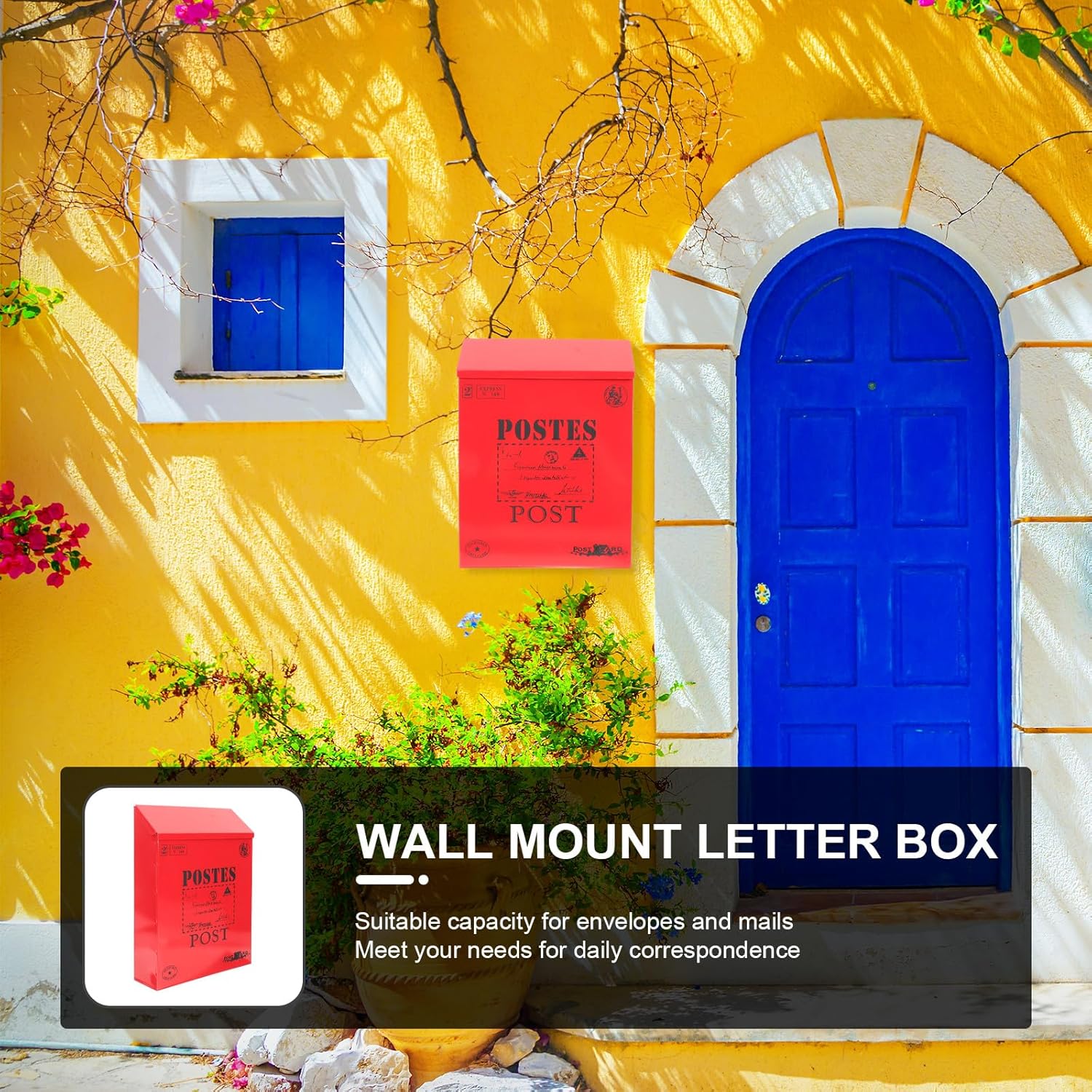 DOITOOL Vintage Iron Locking Mailbox Wall Mount Mail Box with Key Lock, Red Retro Suggestion Box for Garden and Outdoor Home Use, 22x6.5x29cm Sturdy Metal Mailbox