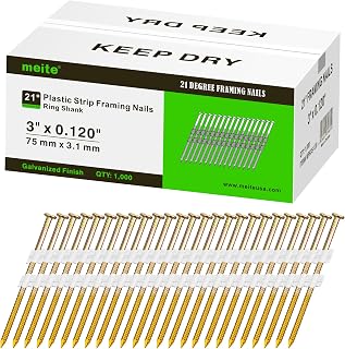 21 Degree Framing Nails 3 Inch 0.120'' Ring Shank Galvanized Plastic Collated Nails, Full Round Head Structural Nails for Framing Nailer Gun on Truss Assembly and Subfloors 1,000PCS