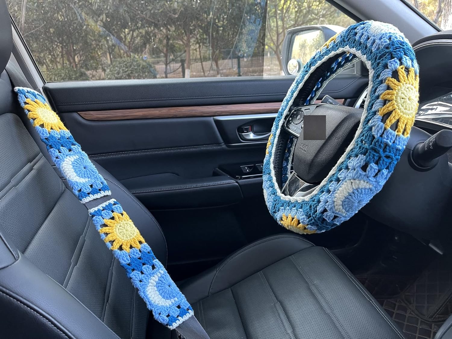Handmade Crochet Sun and Moon Car Steering Wheel Covers Universal 14-15 inch for Women and Men (Steering Wheel Cover+2 Belt Cover) - Image 2