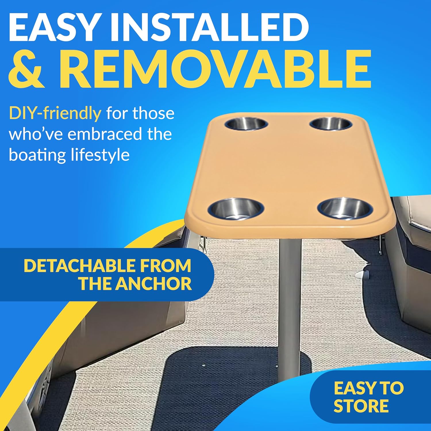 Taupe Pontoon Boat Table Top & Post - No-Wobble Pontoon Table with Flush Mount Anchor & Stabilizing Floor Plate - Easy-to-Install, Compact Design with Modular Accessory Mount - Available in 6 Colors