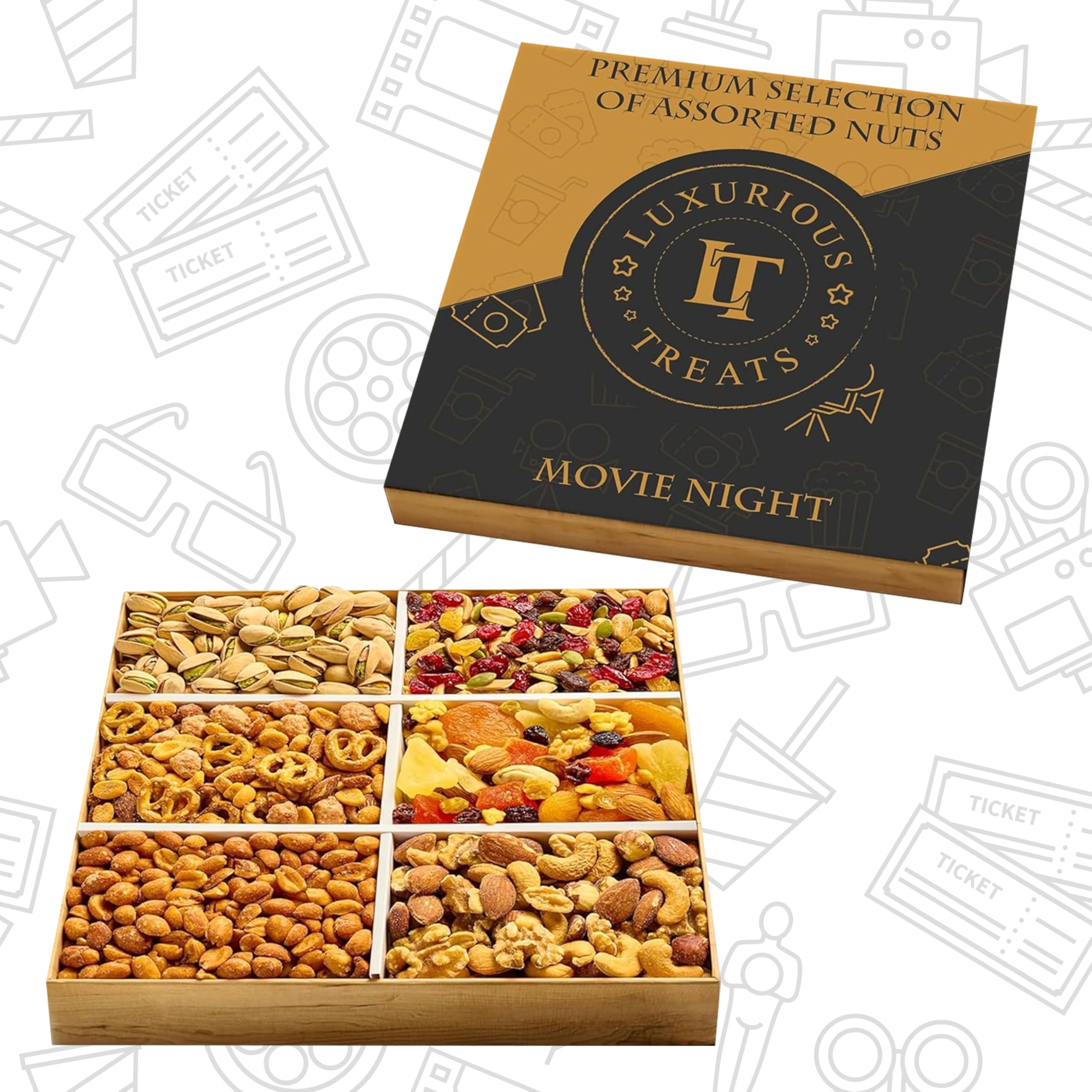 Luxurious Treats Movie Night Gift Basket - Gourmet Mixed Dried Fruit & Nuts Variety Box, Healthy Gifts Dad Men Women Fathers Day Gift Ideas