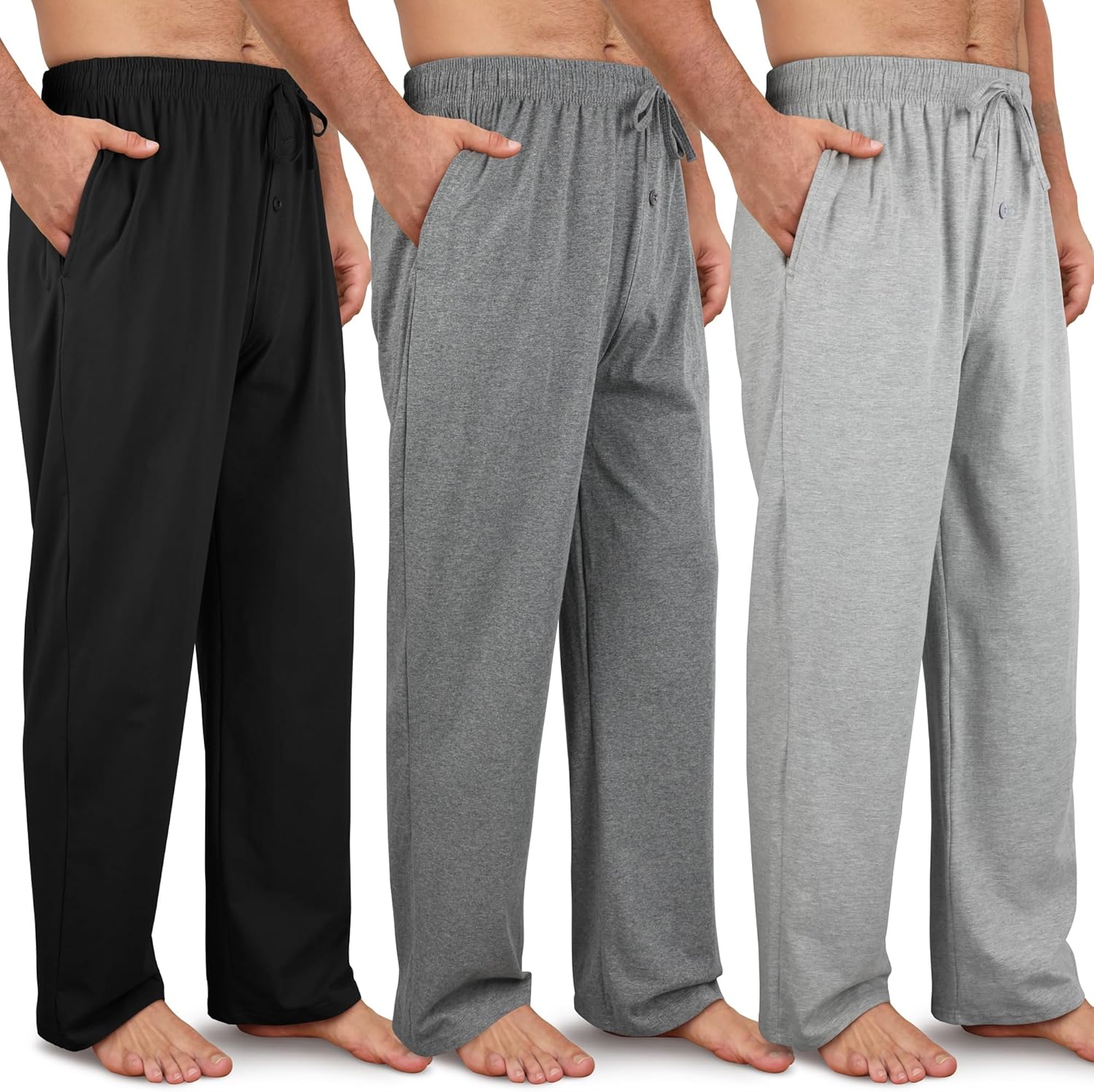 3 Pack Men’s Cotton Pajama Pants Soft Pjs Lounge Bottoms with Pockets & Elastic Waist Sleepwear for Men