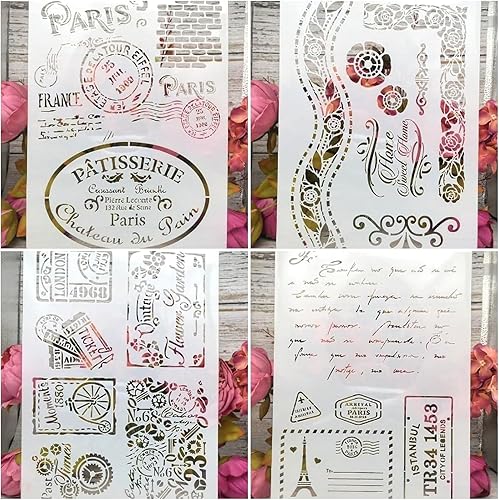 4 plantillas de correo con sello vintage para pintar etiquetas florales reutilizables, plantillas de capas de boletos, plantillas de bricolaje para