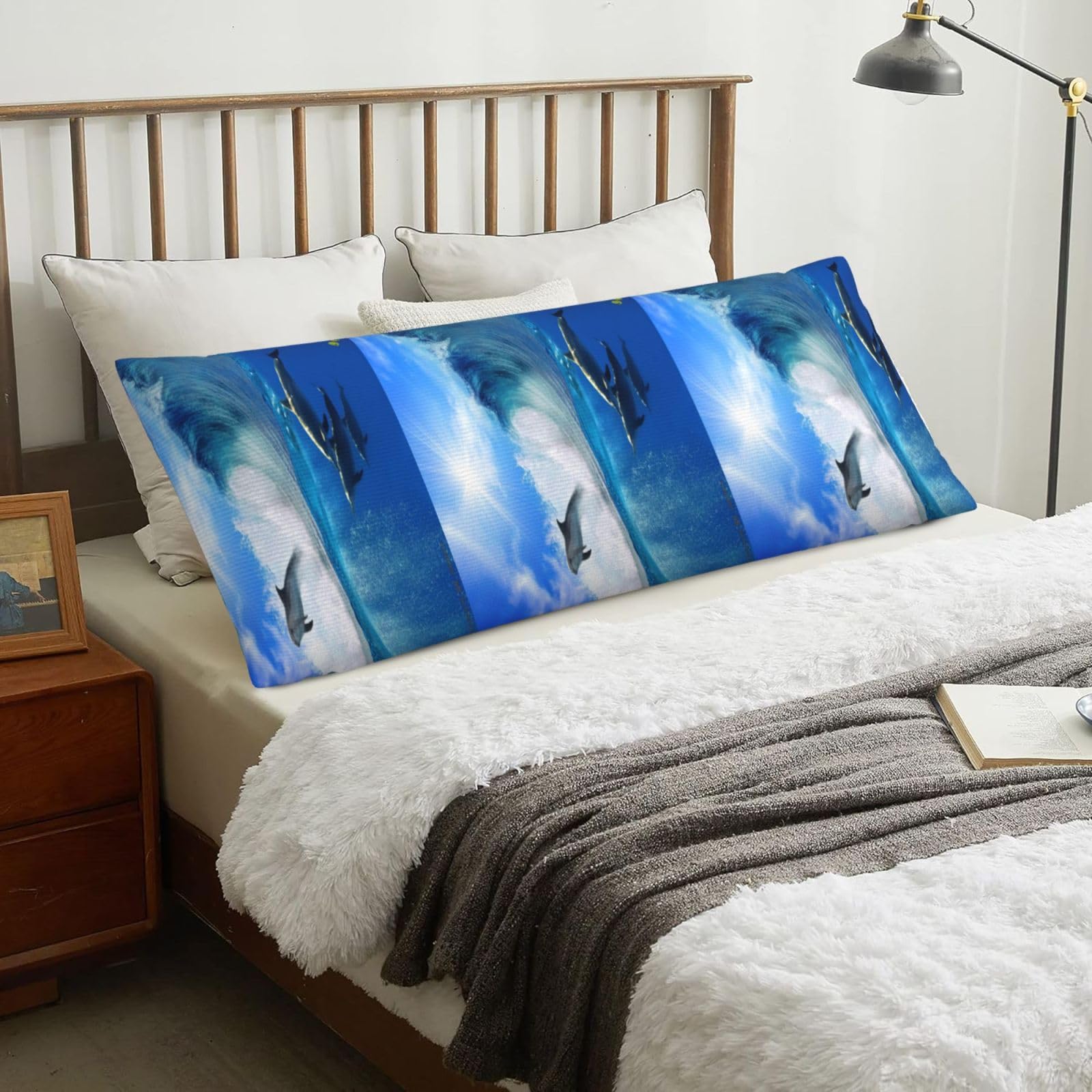 Four Dolphins In The Sea Of Whales, Body Pillow Cover with Zipper,Long Body Pillowcase 20 x 60 in