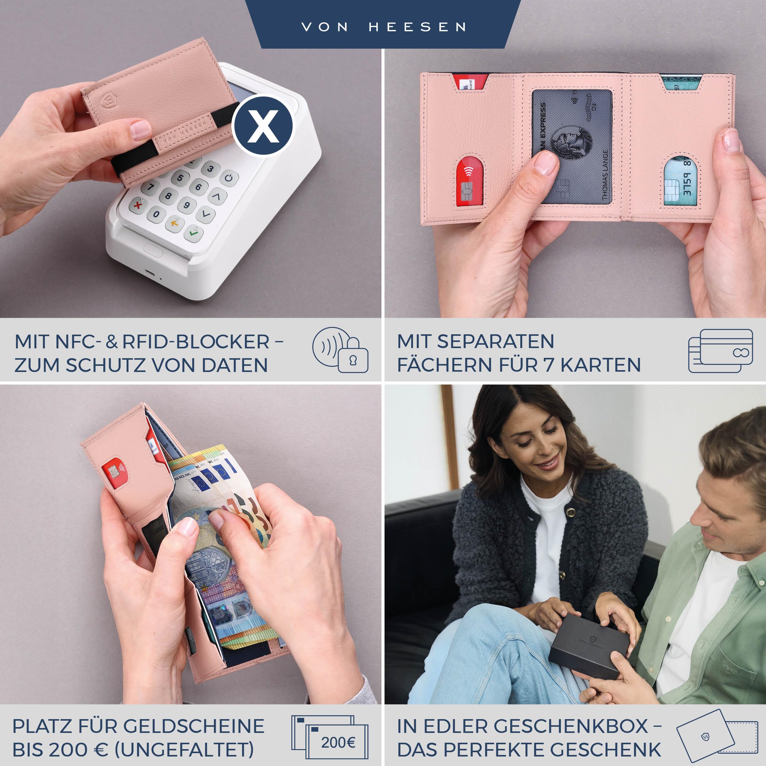 VON HEESEN Slim Wallet mit XL Münzfach & RFID-Schutz - Mini Geldbörse Herren & Damen - Kartenetui Kreditkartenetui - Portmonee Geldbeutel Portemonnaie klein Rose