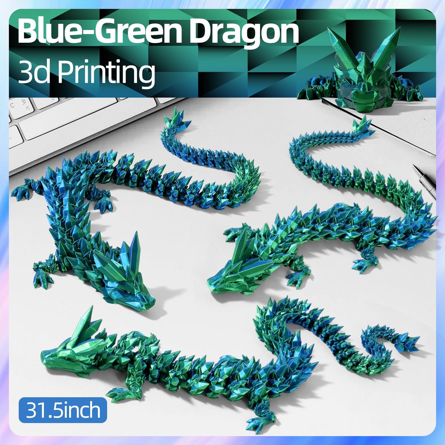 31.5 Large 3D Printed Dragon Bigger Fidget Animals Toys, Giant Flexible Articulated Fidget Toy, Huge 3D Printed Crystal Dragon Halloween Home Office Executive Desk Decor, Christmas 3D Print Toy