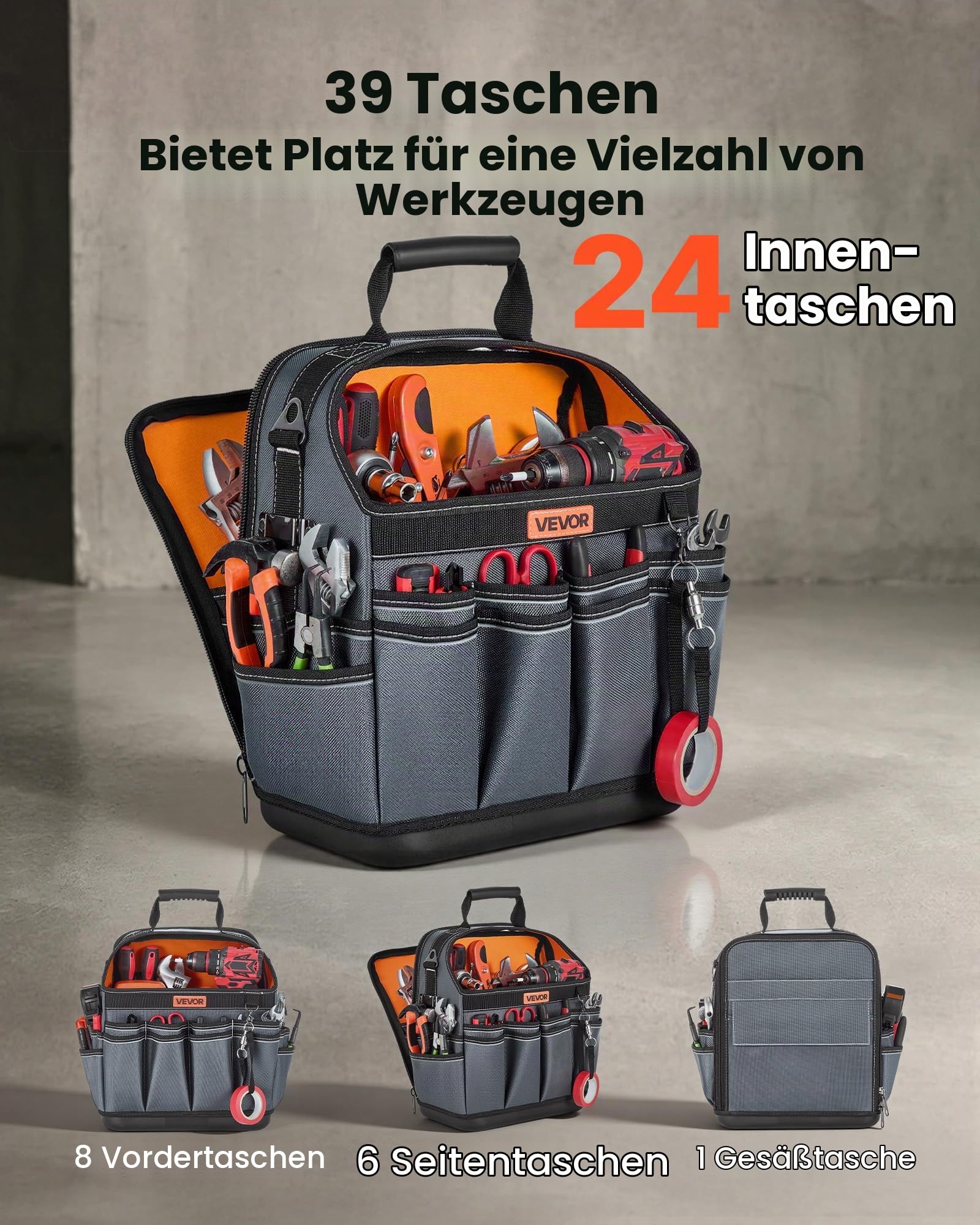 VEVOR Offene Werkzeugtasche 33,5x23x39cm, Aufbewahrungstasche mit 24 Innen- & 15 Außenfächern, Wasserfester Werkzeug-Organizer aus Polyester mit Schultergurt & Tragegriff, Werkzeugtrage für Handwerker