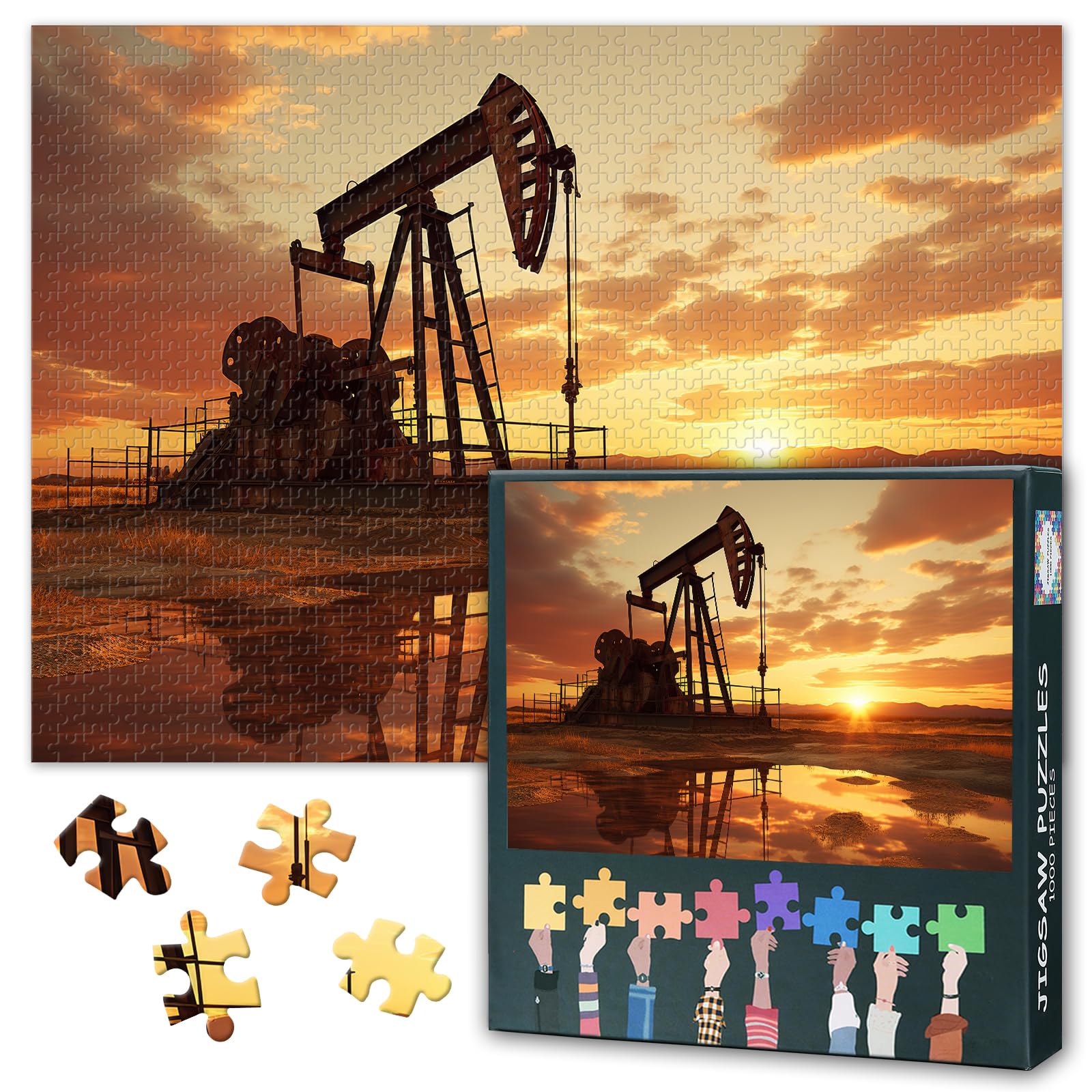 Jigsaw Puzzle 1000 Pieces for Adults Modern Industrial Equipment Oil Pumps Raw Material Extraction from Ground Energy Industry Wall Art 27.5x19.7 Inch