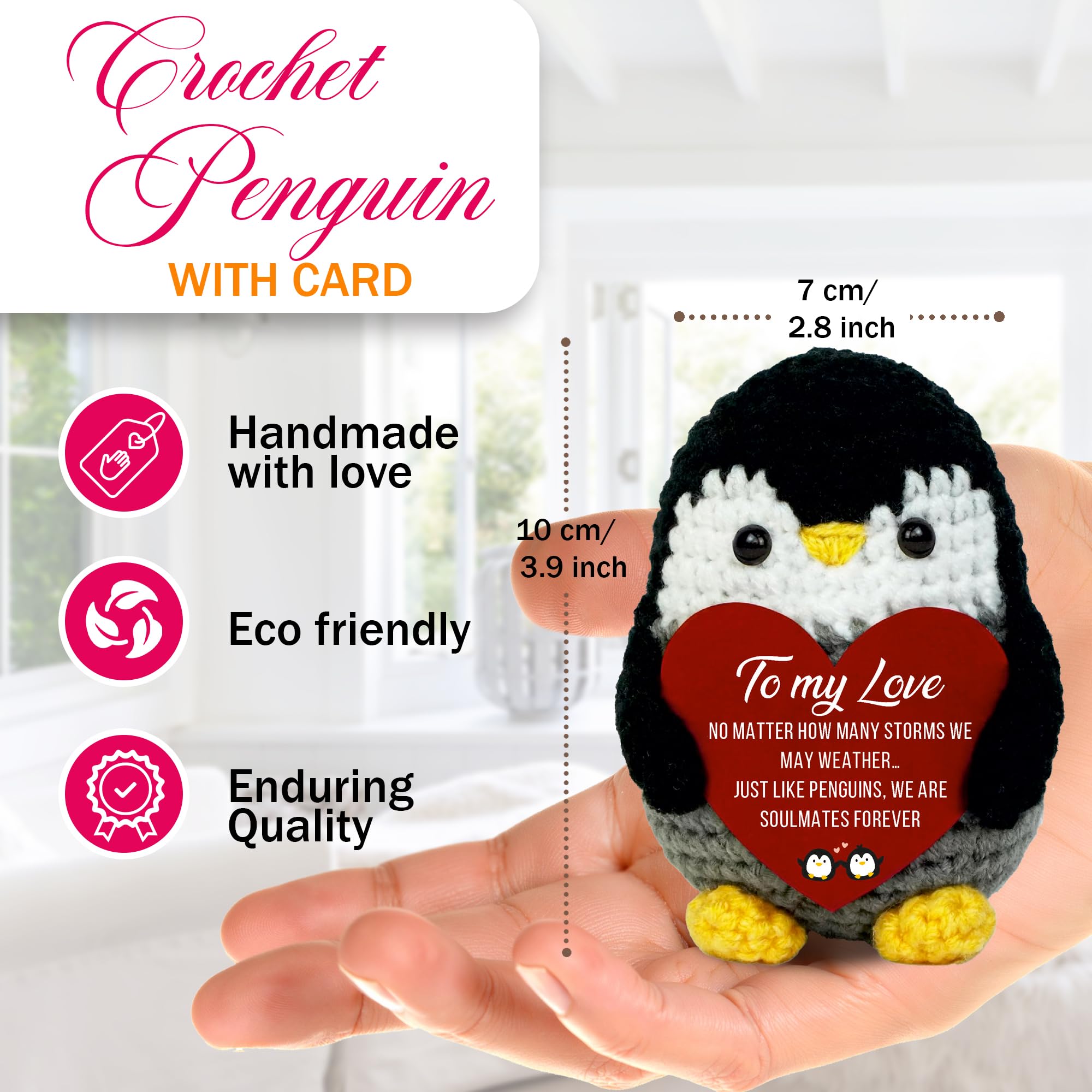 VELENTI Handmade Crochet Penguin Gift – Cute Romantic Present for Him or Her, Boyfriend, Girlfriend, Husband, Wife – I Love You Anniversary, Birthday, Wedding, or Easter Gift for Couples — view 2