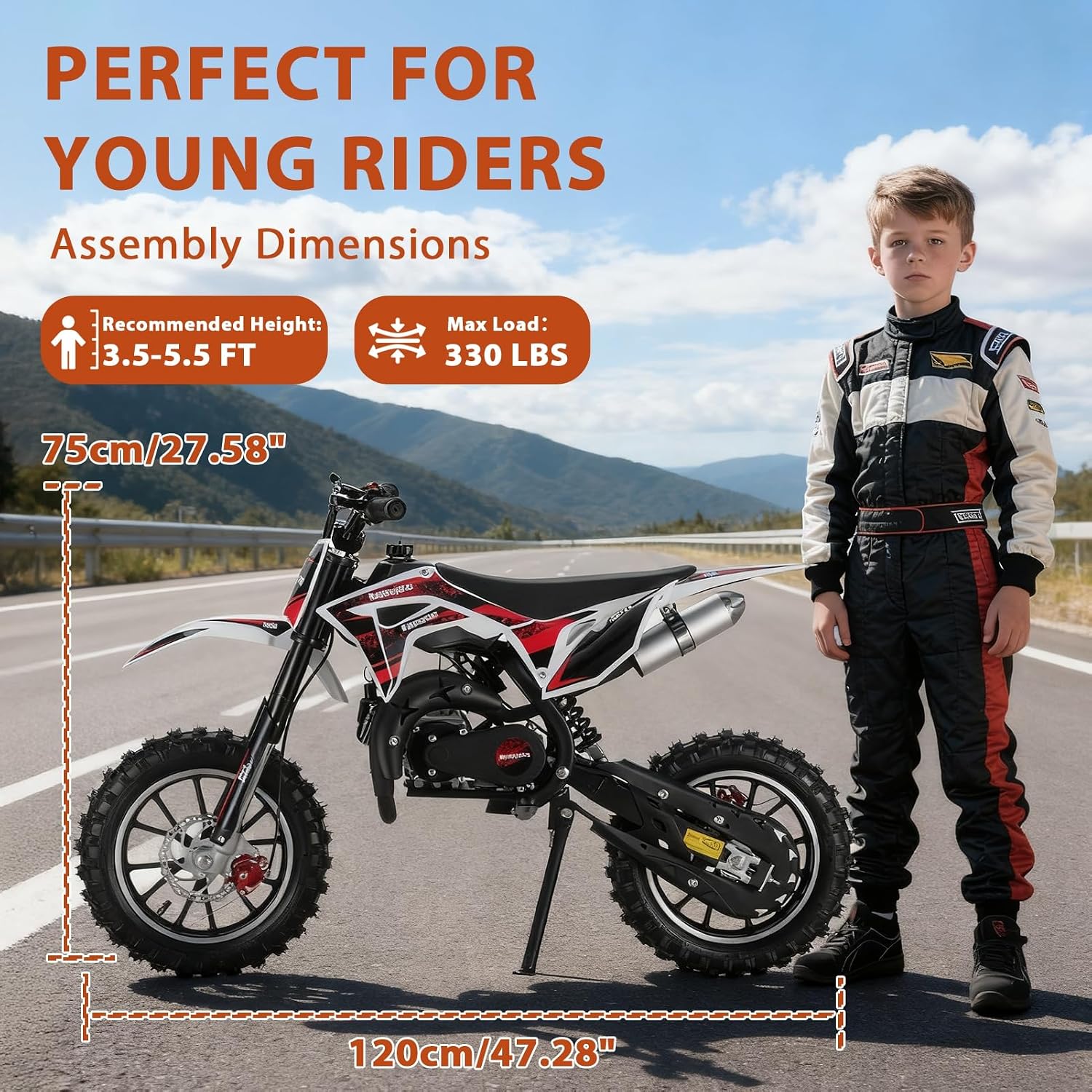 50cc Kids Dirt Bike, 2-Stroke Gas Power Motocross Kids Gas Motorcycle with Front Rear Disc Brakes, Pull Start Off Road Motorcycle Mini Dirt Bike Up to 24 Mph Boys and Girls Gifts Black