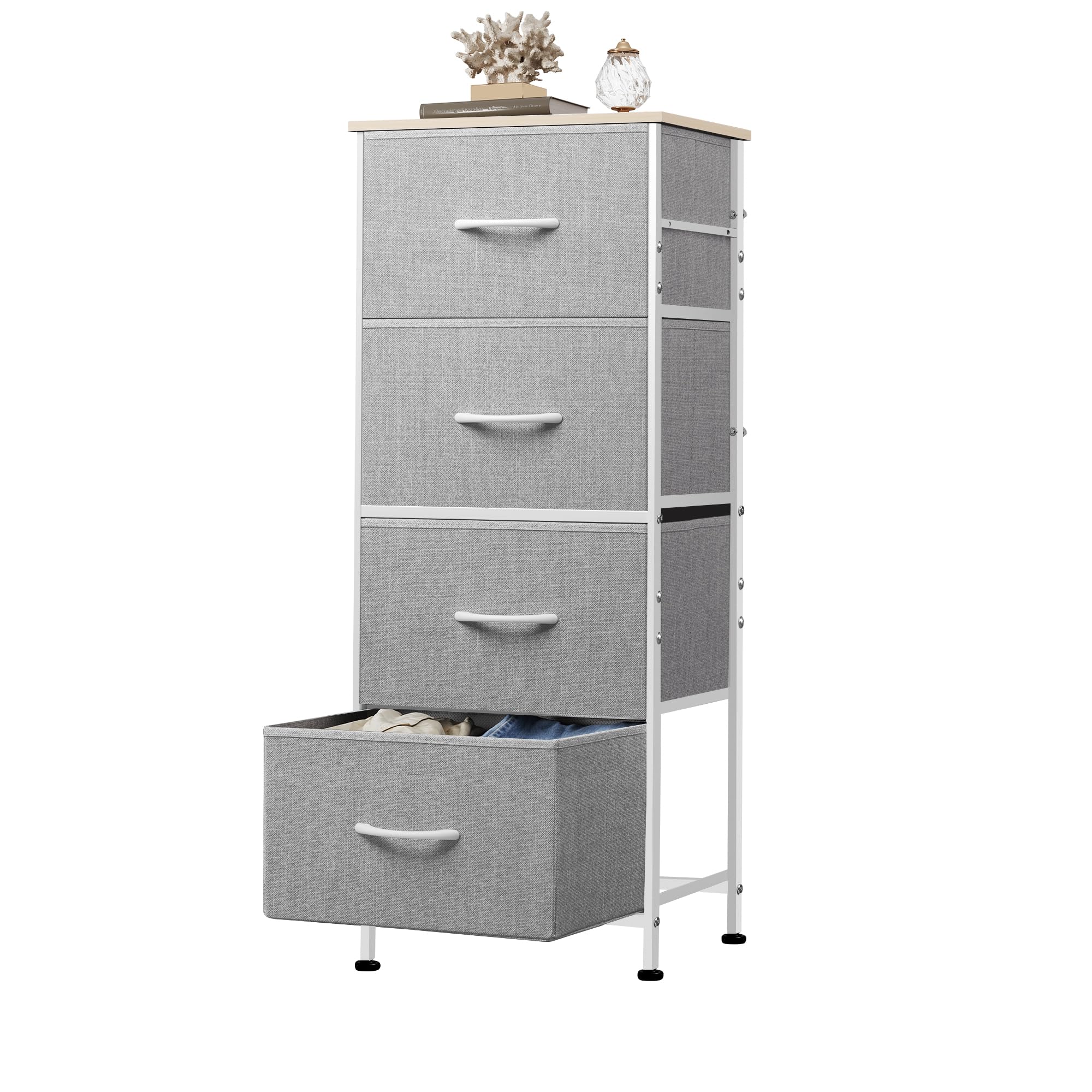 WLIVE Commode en Tissu avec Tiroirs pour Chambre à Coucher, Armoire en Tour avec Structure en Acier, Adaptée pour Le Salon, la Chambre d’Enfants (Gris Clair, 4 Tiroirs)