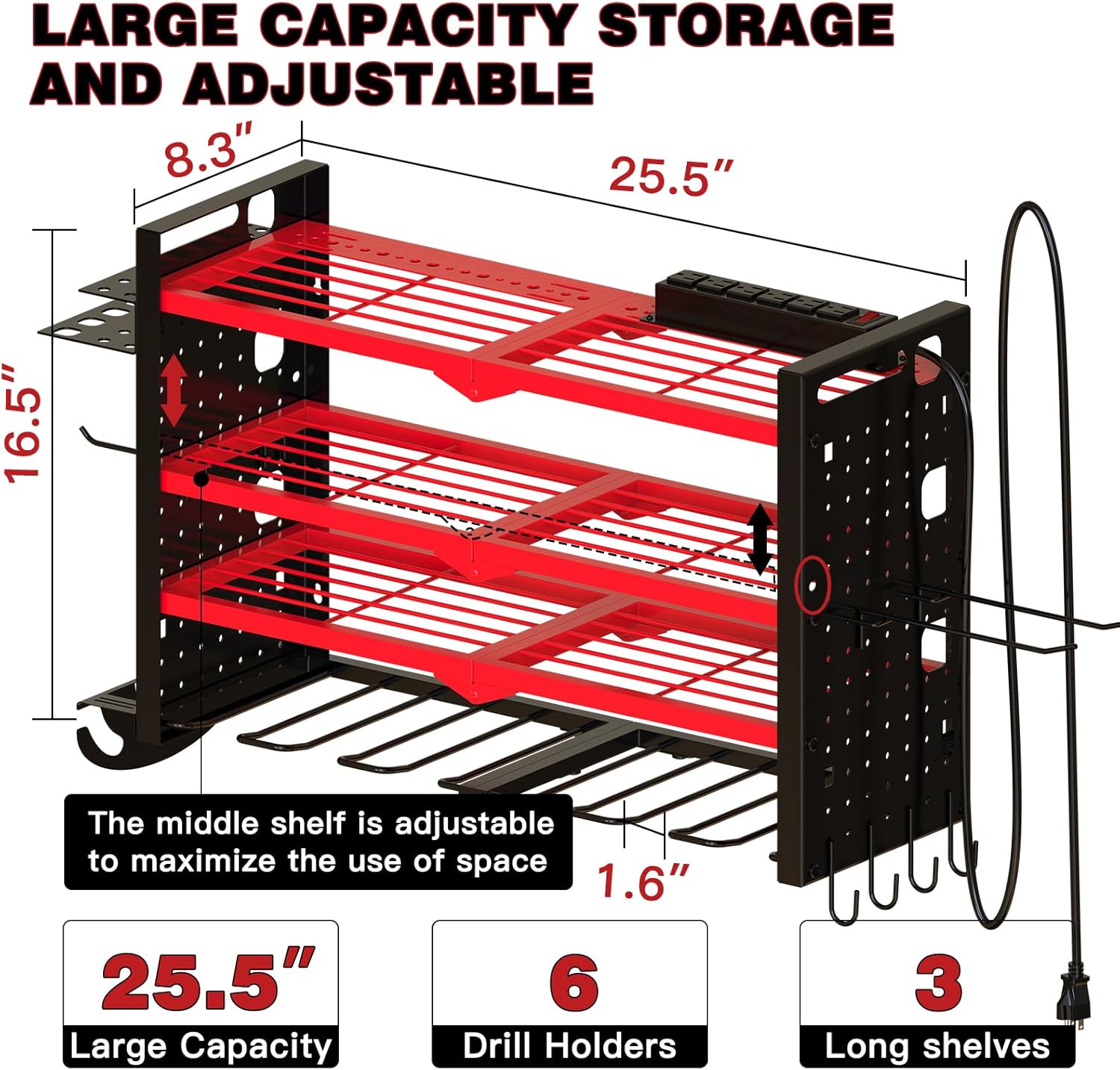 Power Tool Organizer Wall Mount with Charging Station 4 Layer 6 Slot Cordless Drill Holder with Angle Grinder Holder (Red)